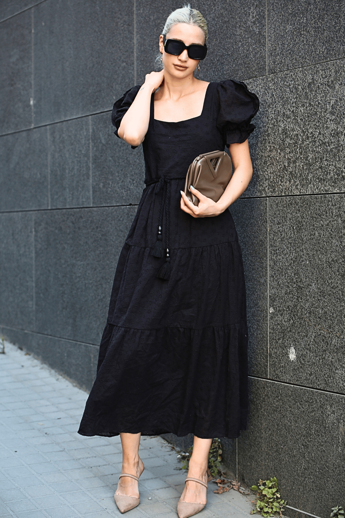 Siyah Balon Kol Basic Uzun Elbise - Madmext