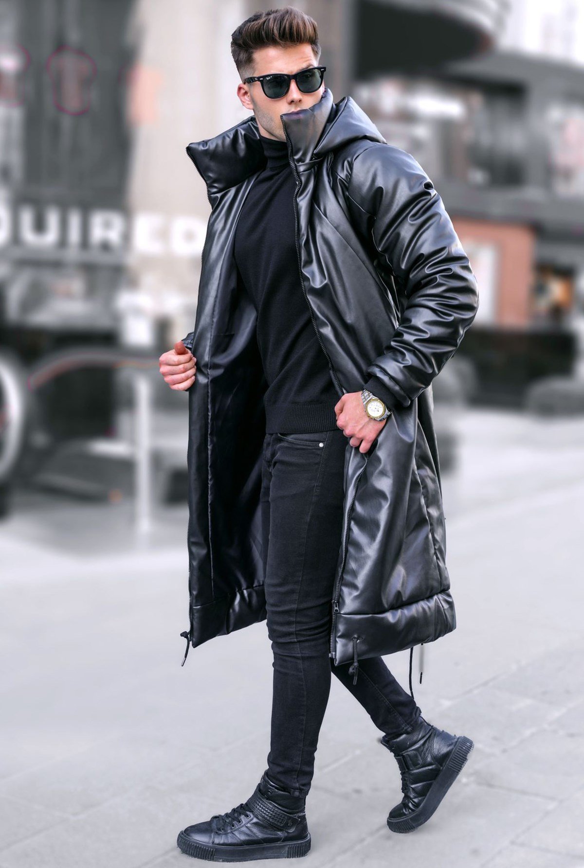 Black Long Leather Jacket -- Madmext