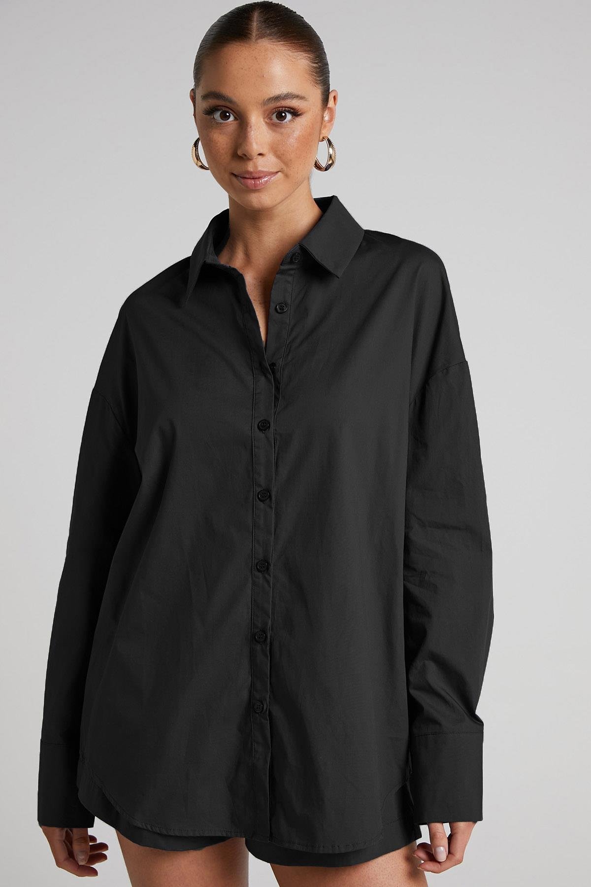Siyah Oversize Basic Kadın Gömlek - Madmext