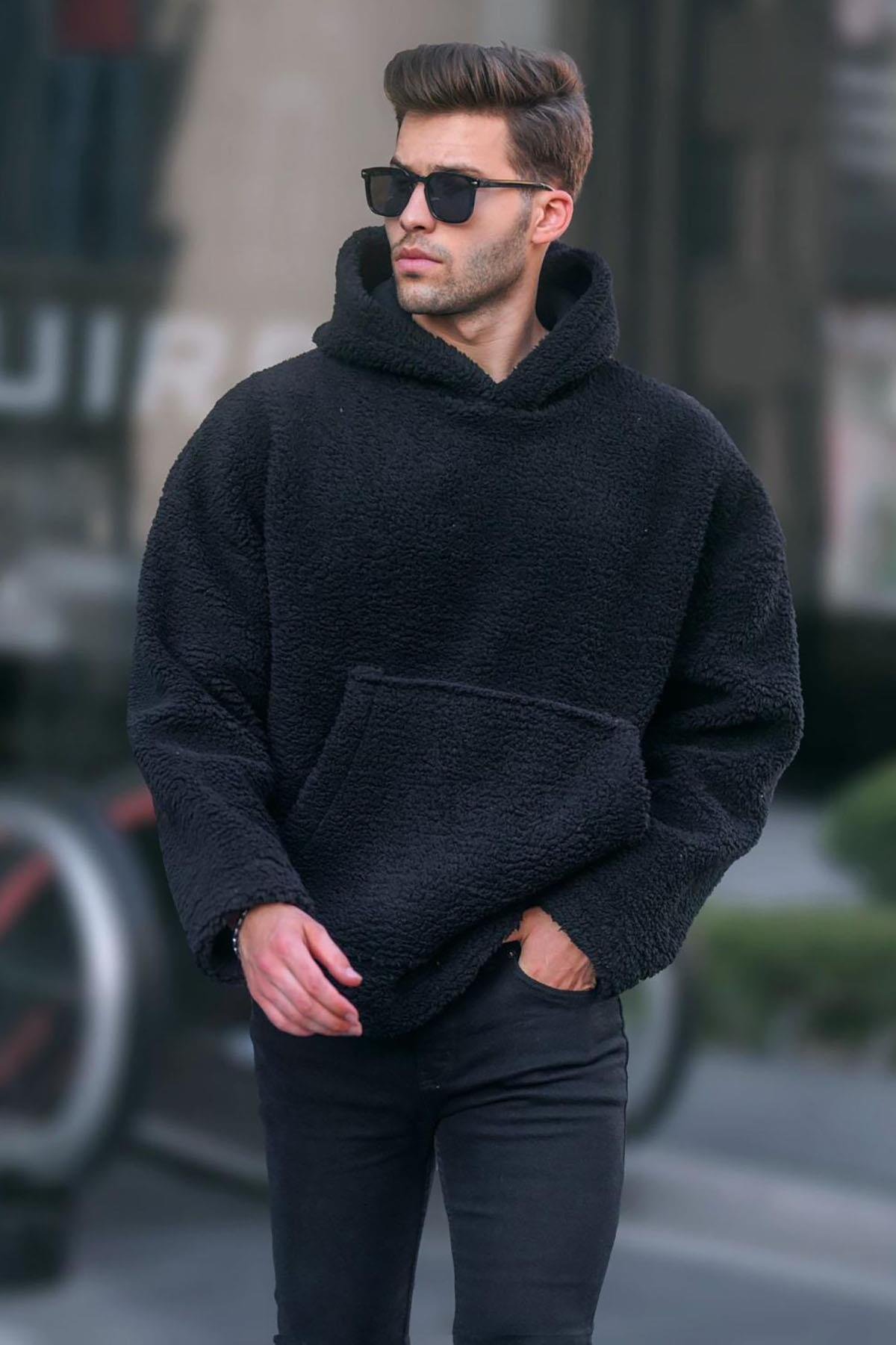 Siyah Oversize Pelış Erkek Sweatshirt - Madmext