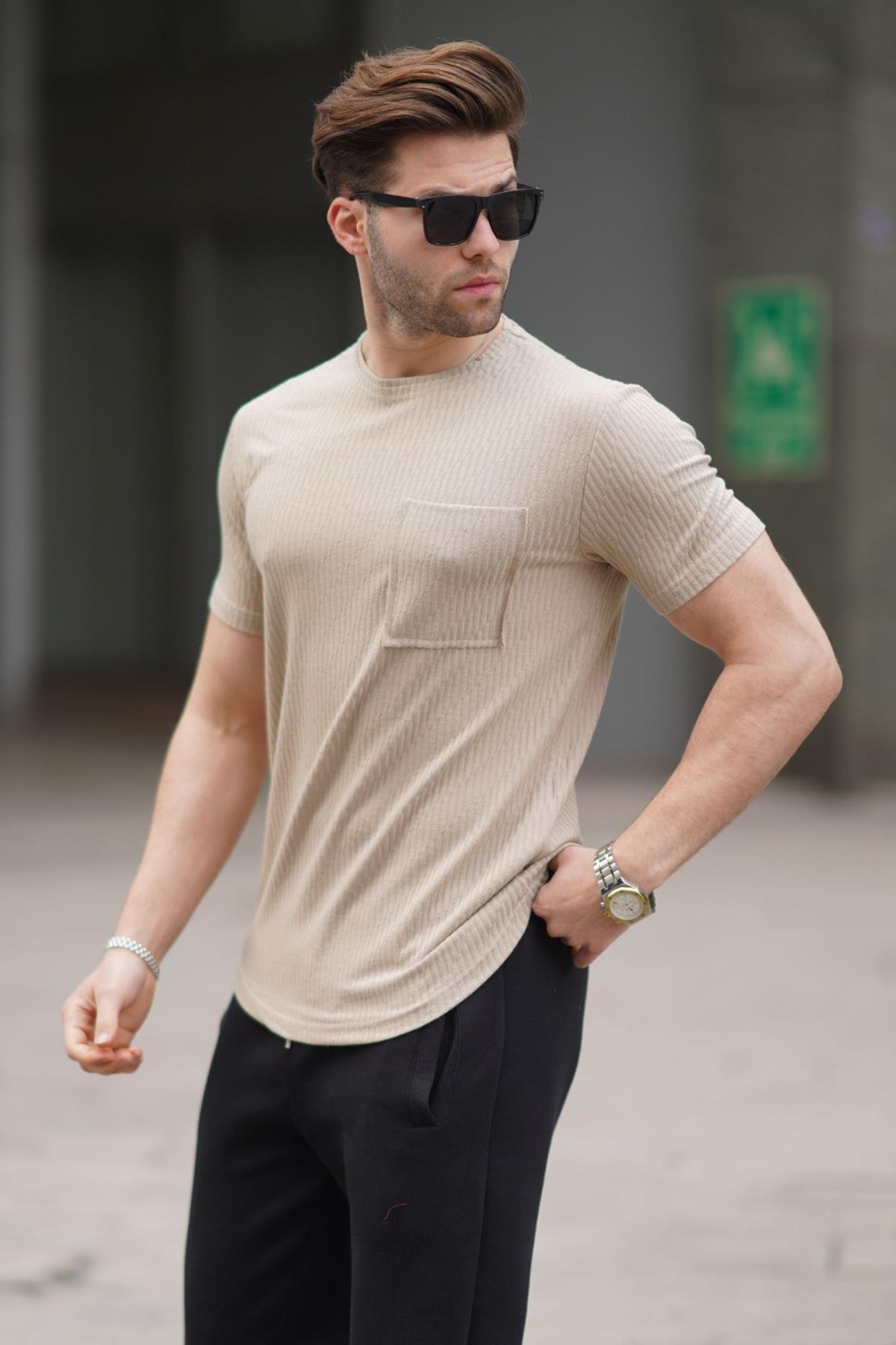 Men Basic Beige T Shirt