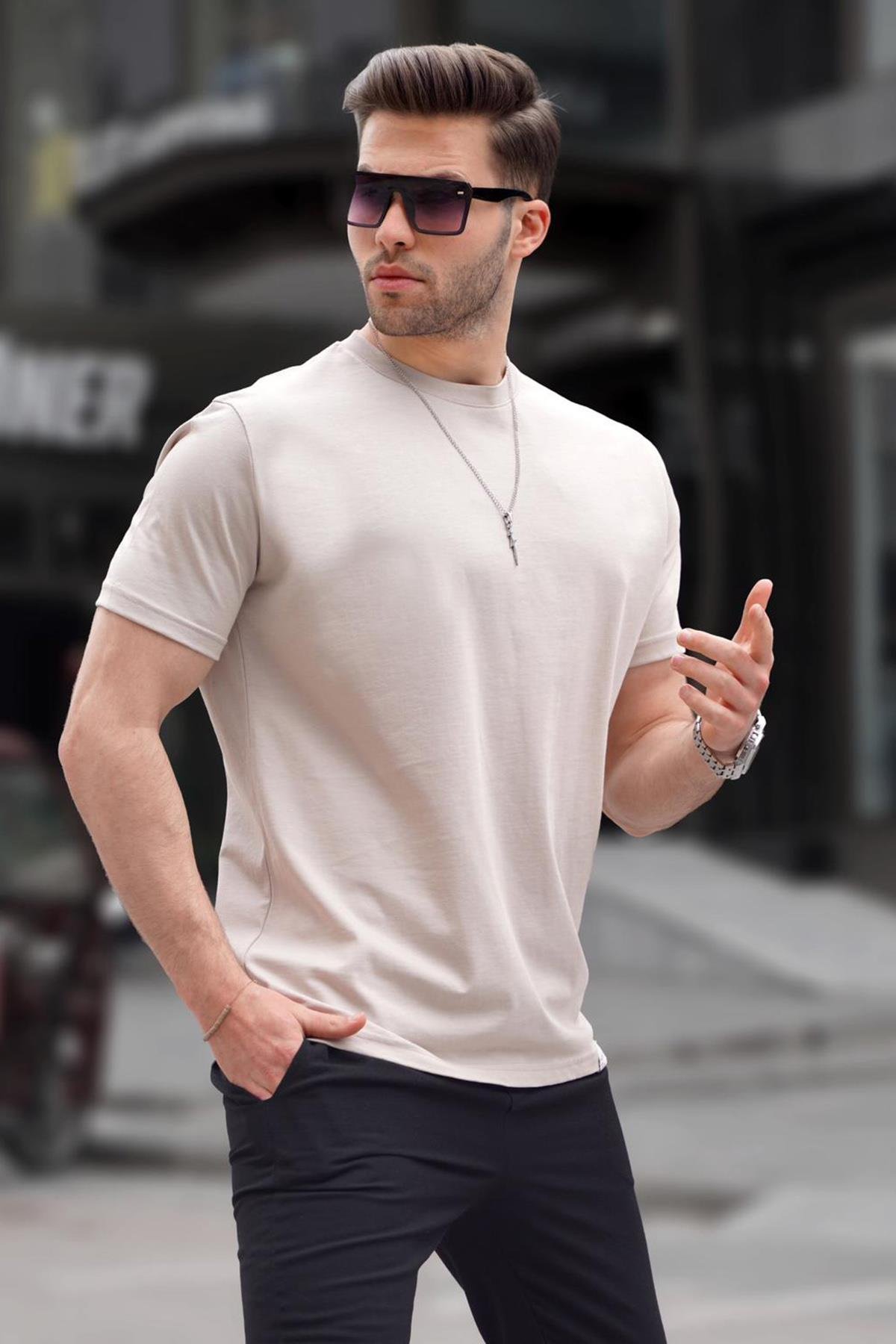Taş Rengi Regular Fit Basic Erkek Tişört - Madmext