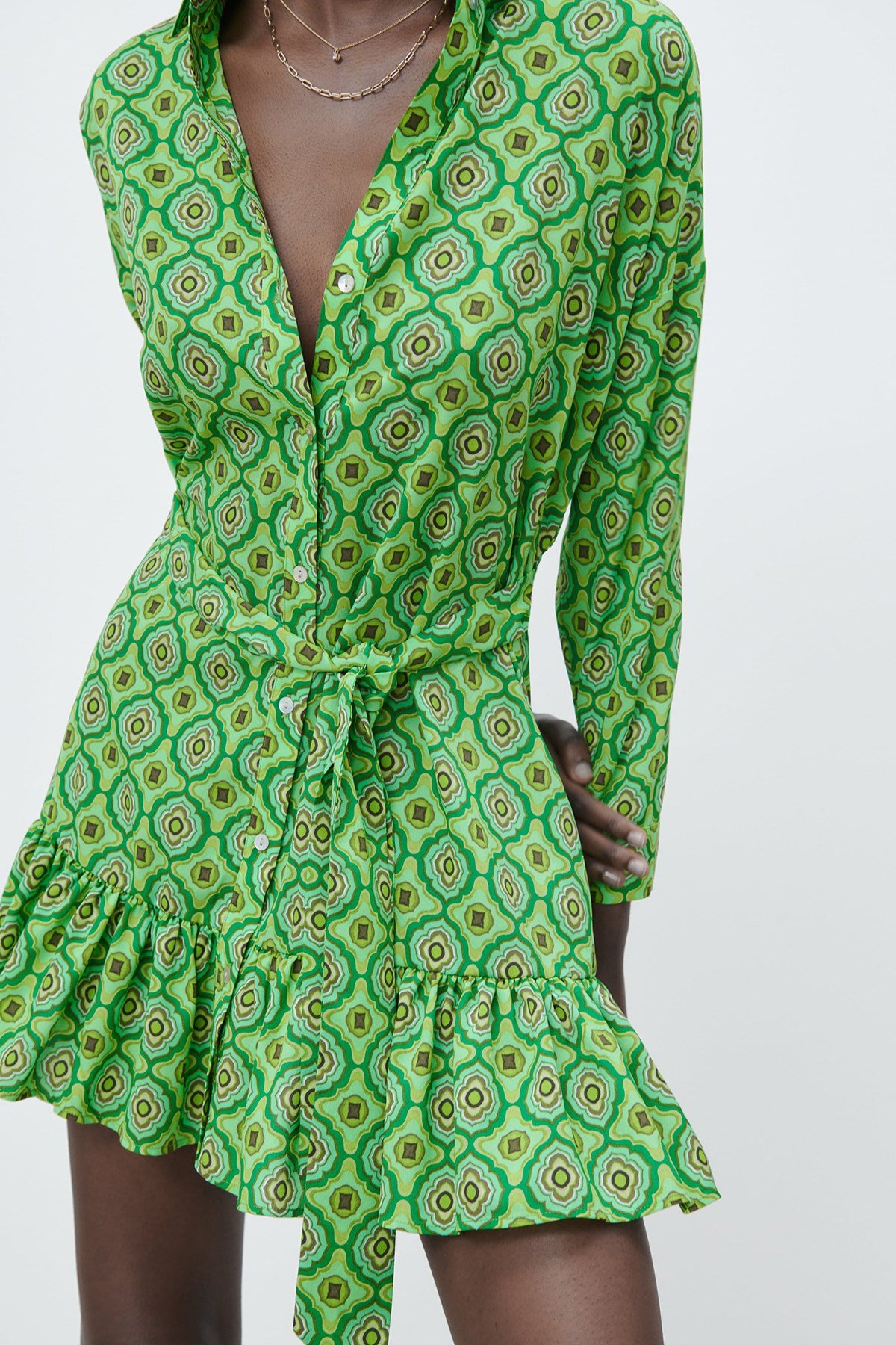 Yeşil Geometrik Desenli Kadın Gömlek Elbise - Madmext