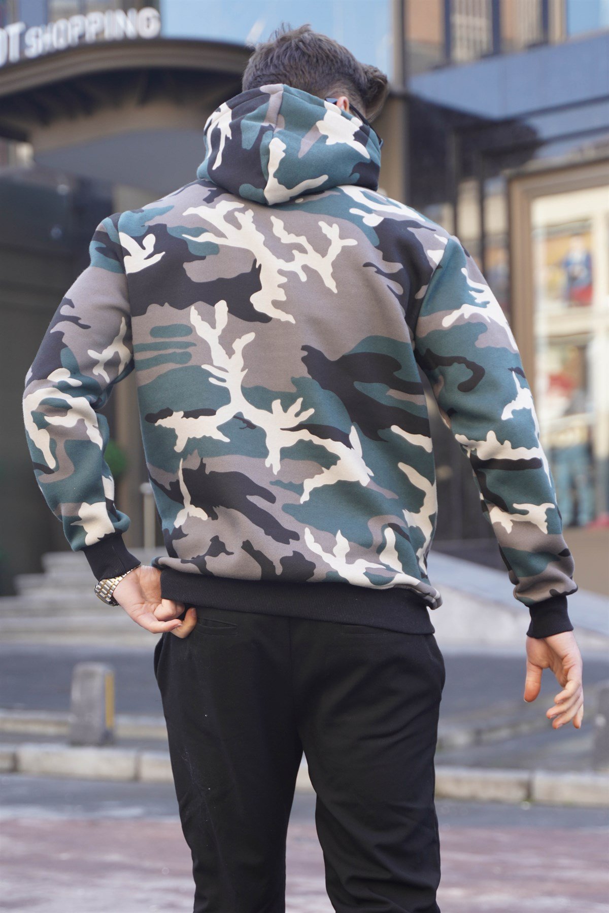 Ye il Kamuflaj Kapu onlu Erkek Sweatshirt 5339 Madmext