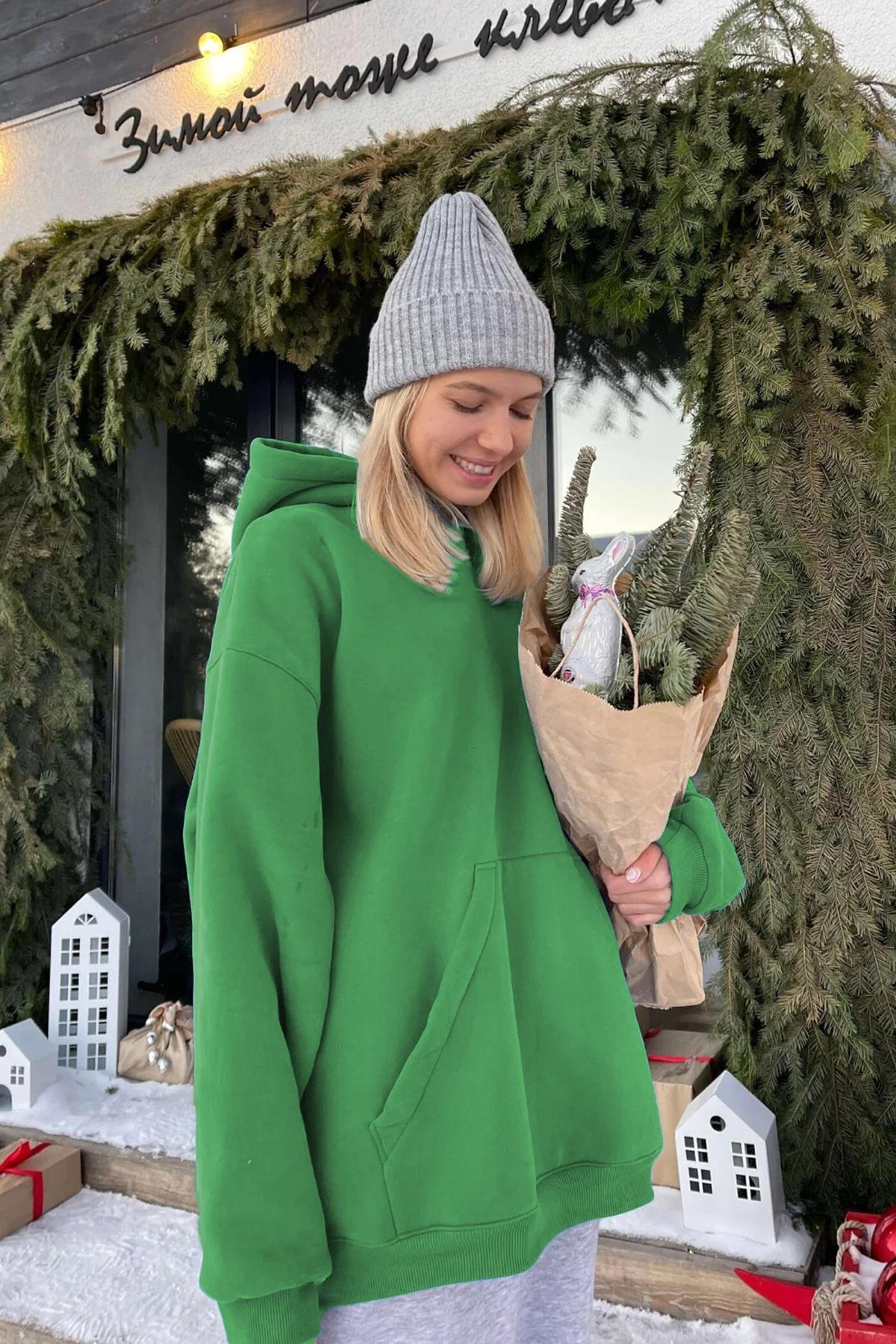 Yeşil Kapüşonlu Şardonlu Oversize Sweatshirt - Madmext