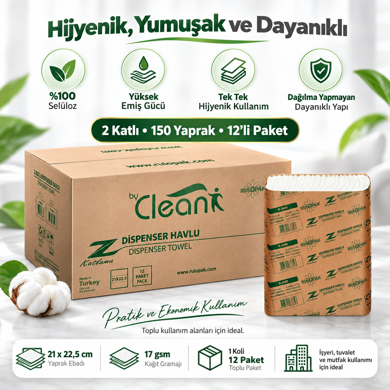 Rulopak By Clean Z Katlama Havlu Kağıt 2 Katlı 150 Yaprak 12'Li