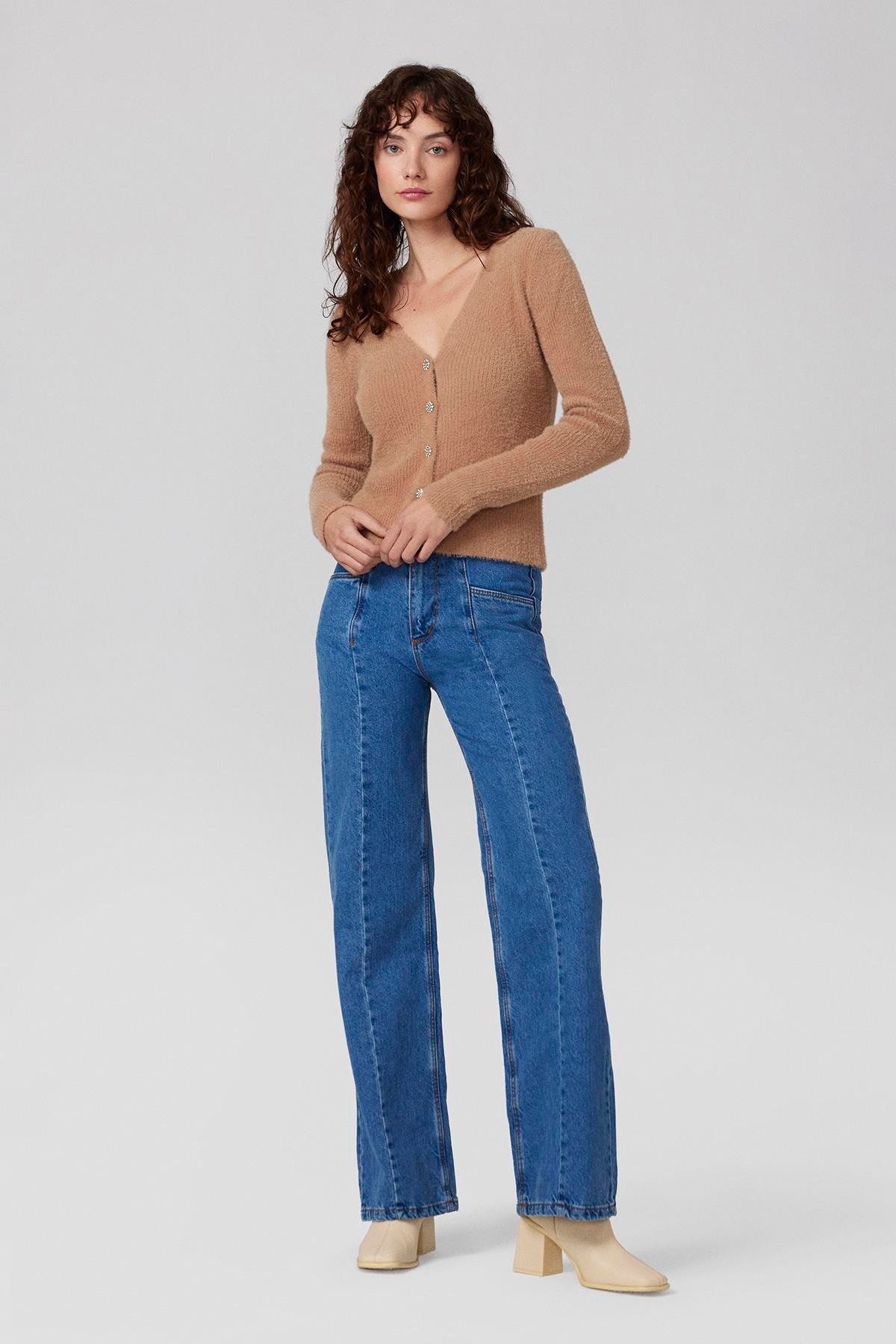 Düz Kesim Parçalı Görünümlü Jeans Pantolon-Mavi - T30094 - JEAN - ParkHande