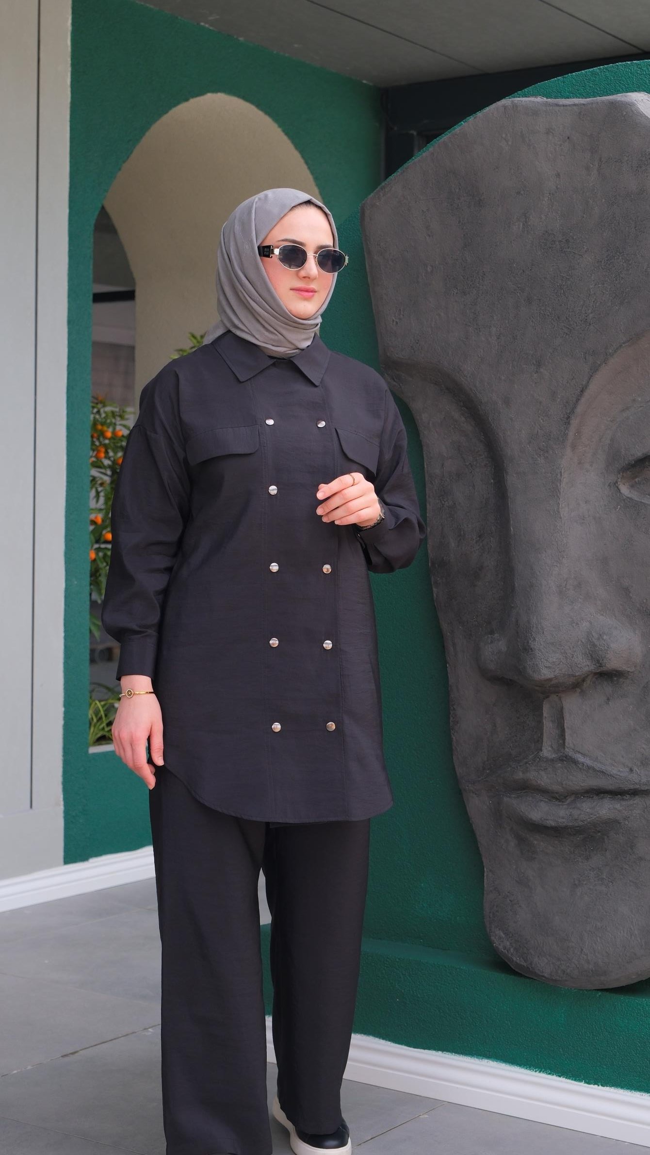 Qupra Çıt Çıtlı Gömlek Pantolon Siyah İkili Takım Cloud