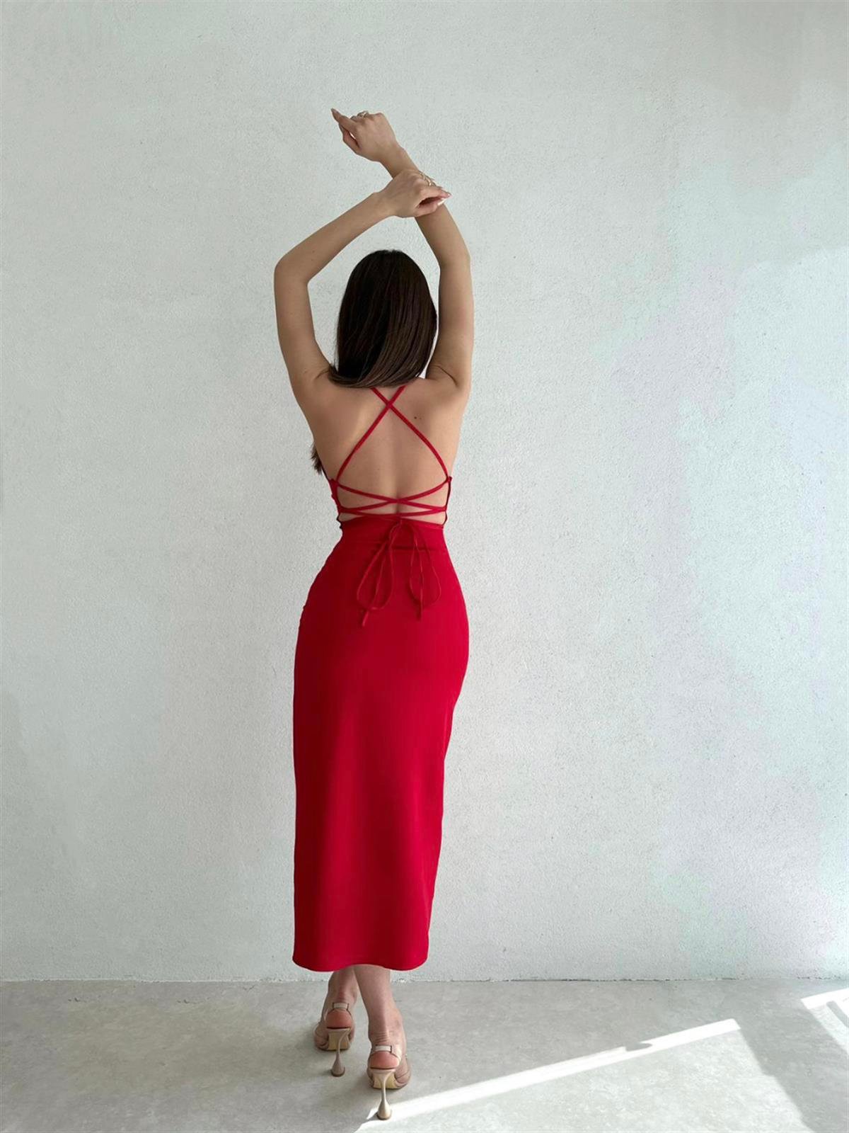 İp Askılı Sırt Dekolteli Yırtmaçlı Elbise - Kırmızı