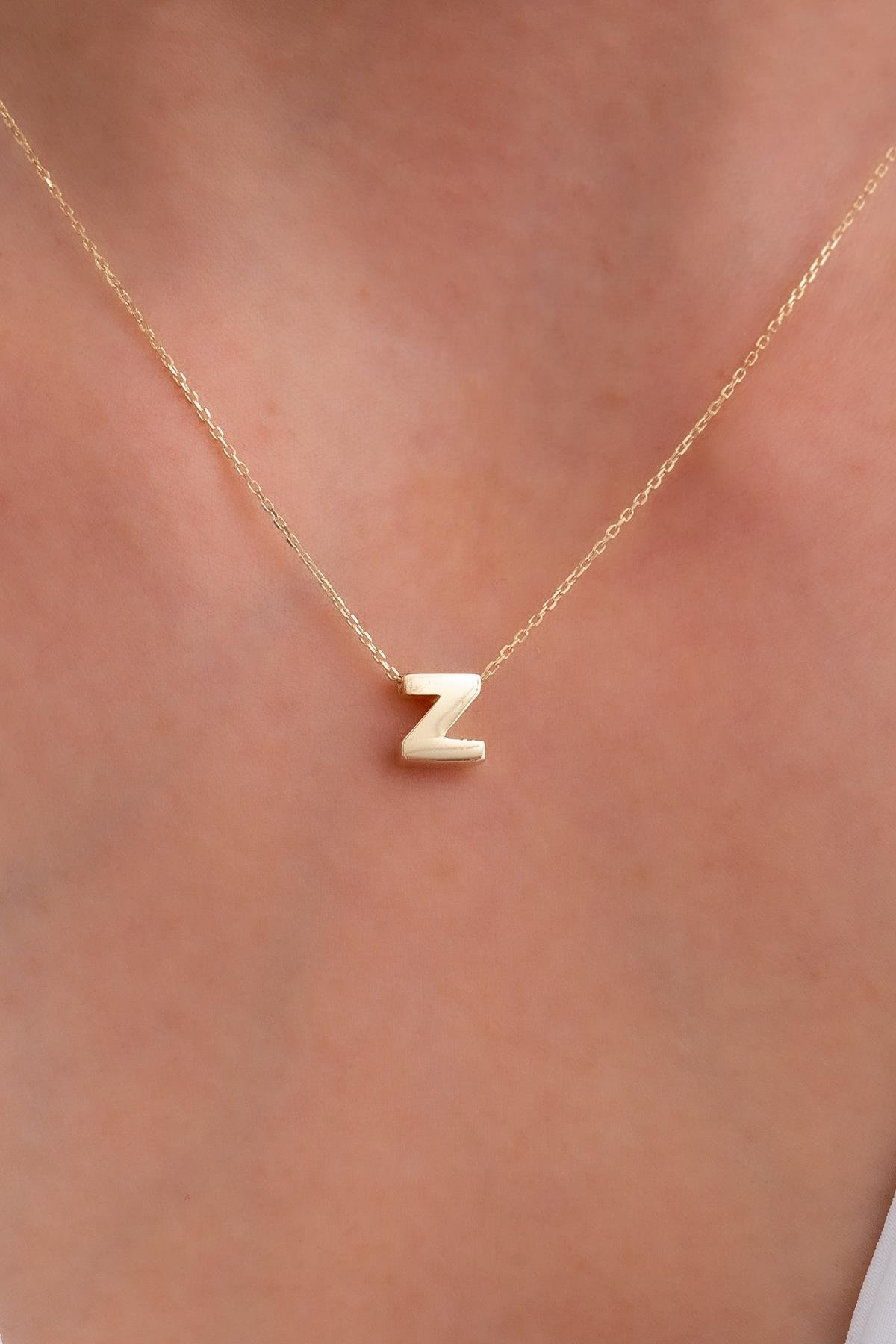14K Solid Gold 3D Letter Z Necklace