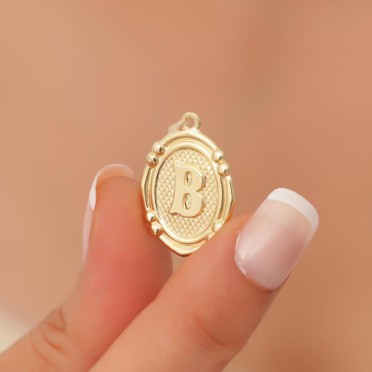 14K Solid Gold B Letter Retro Pendant