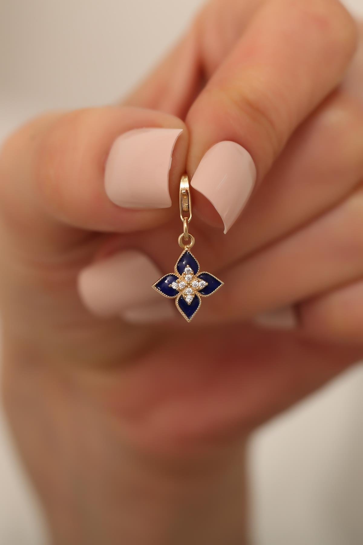 14K Solid Gold Navy Blue Lotus Flower Pendant