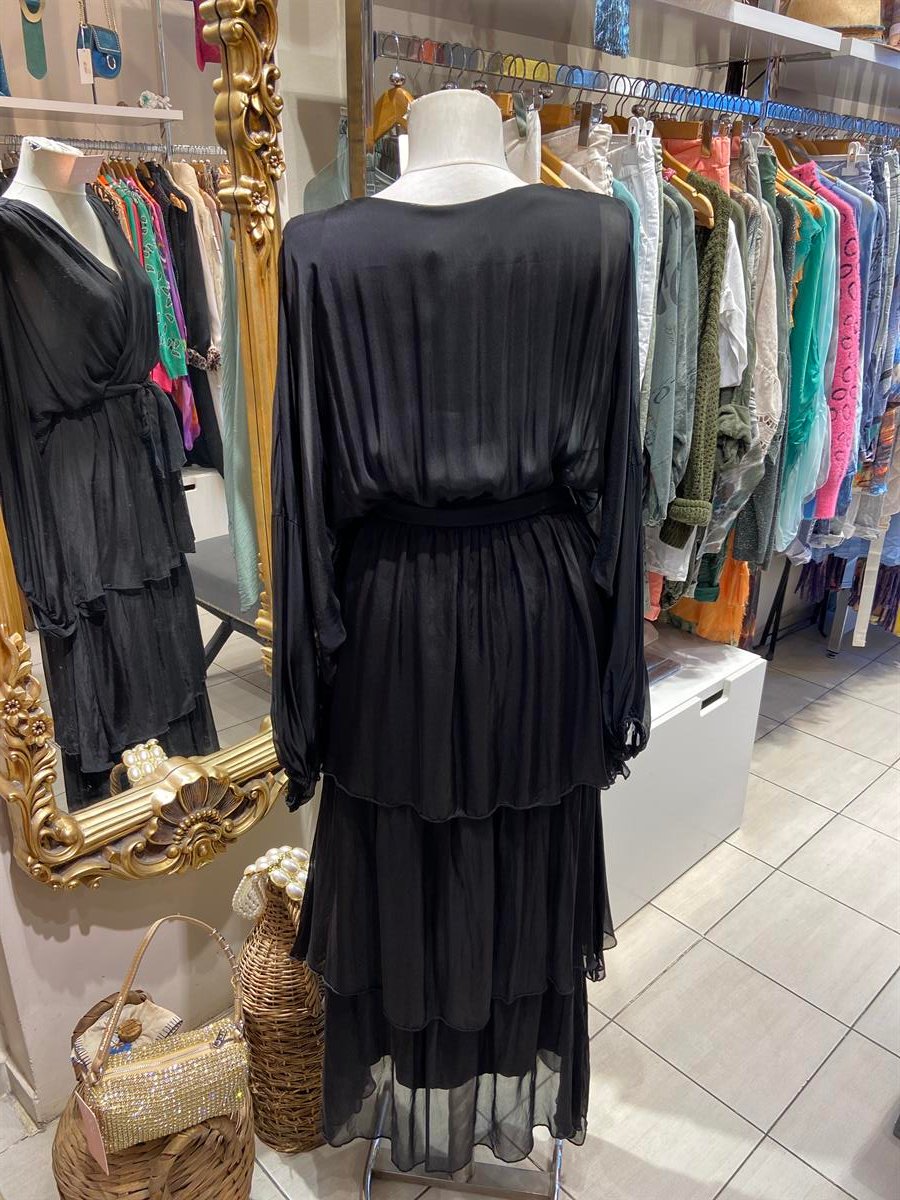 Siyah Uzun Kollu İtalyan İpek Elbise