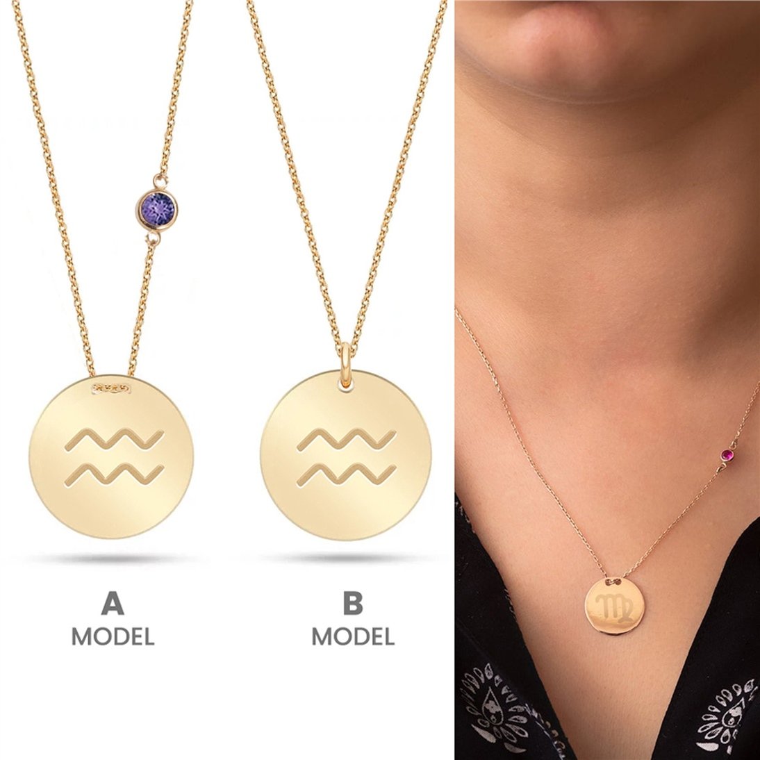 14K Gold Zodiac Aquarius Necklace Elegant Gold Engraved Aquarius