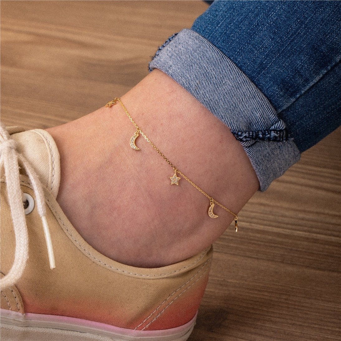 Dangle Star and Moon Anklet with CZ Stone 14K Solid Gold