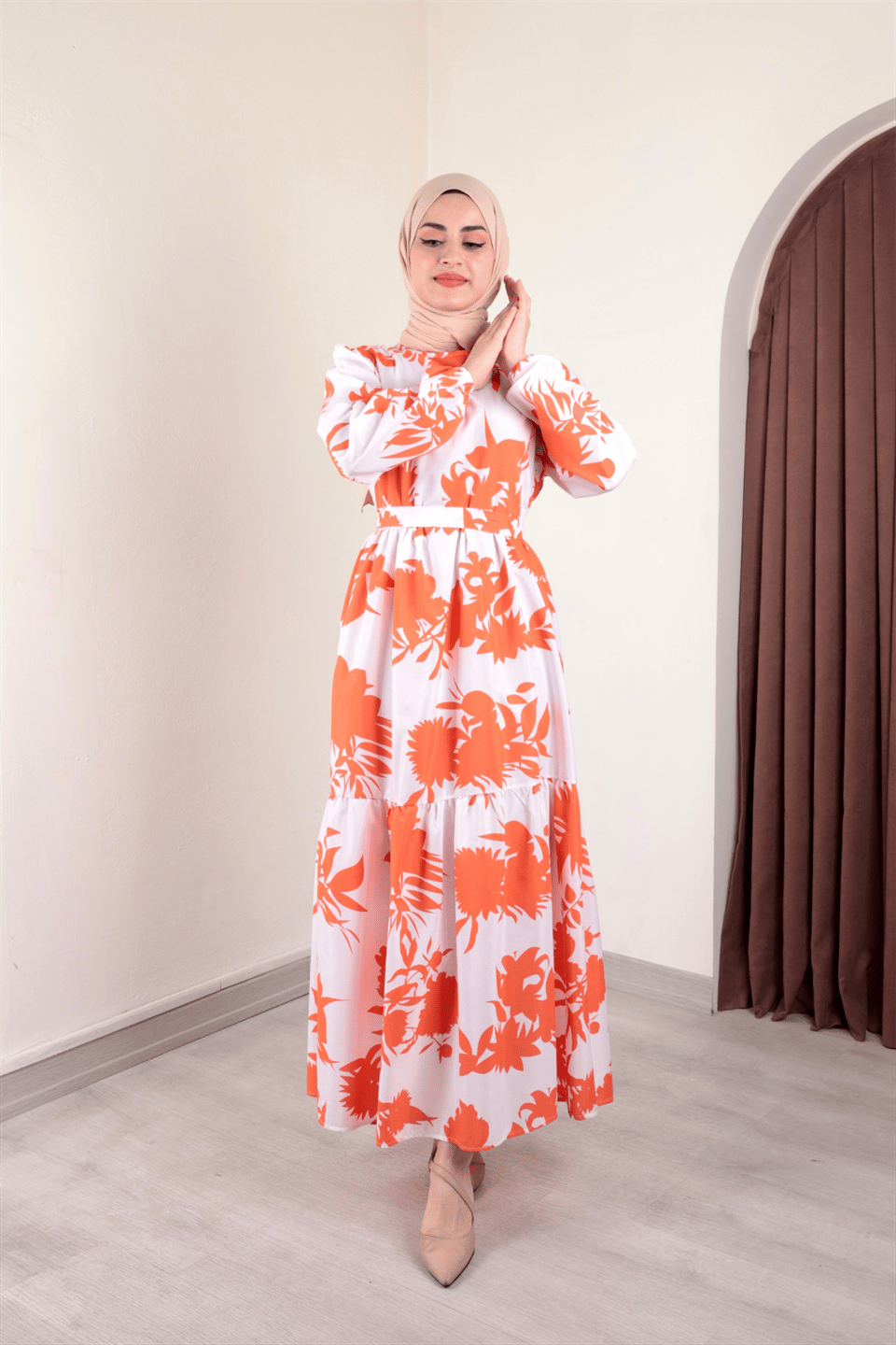 Yaprak Desen Kampanyalı Elbise Turuncu