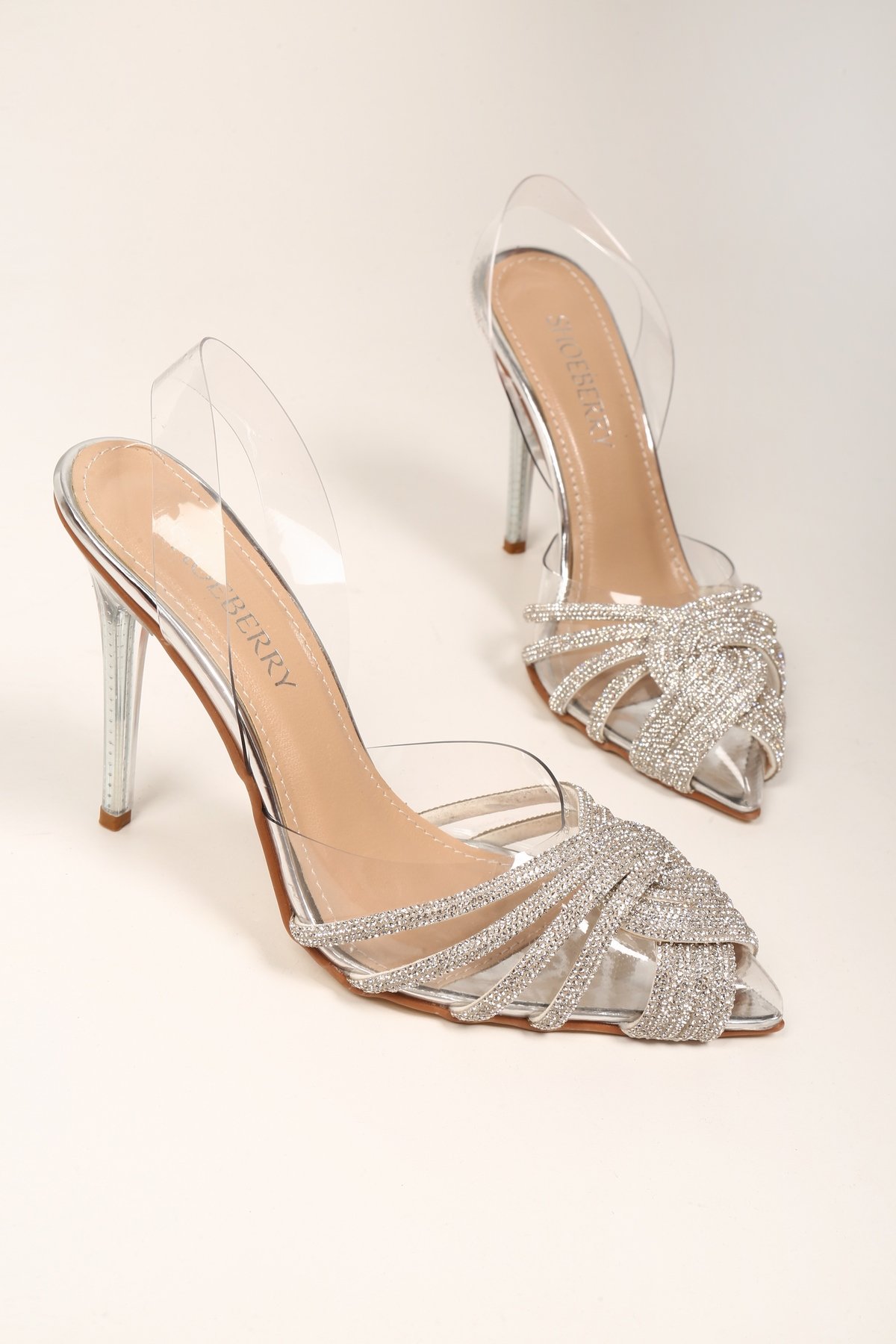 Kadın Queen Gümüş Şeffaf Taşlı Topuklu Ayakkabı Stiletto