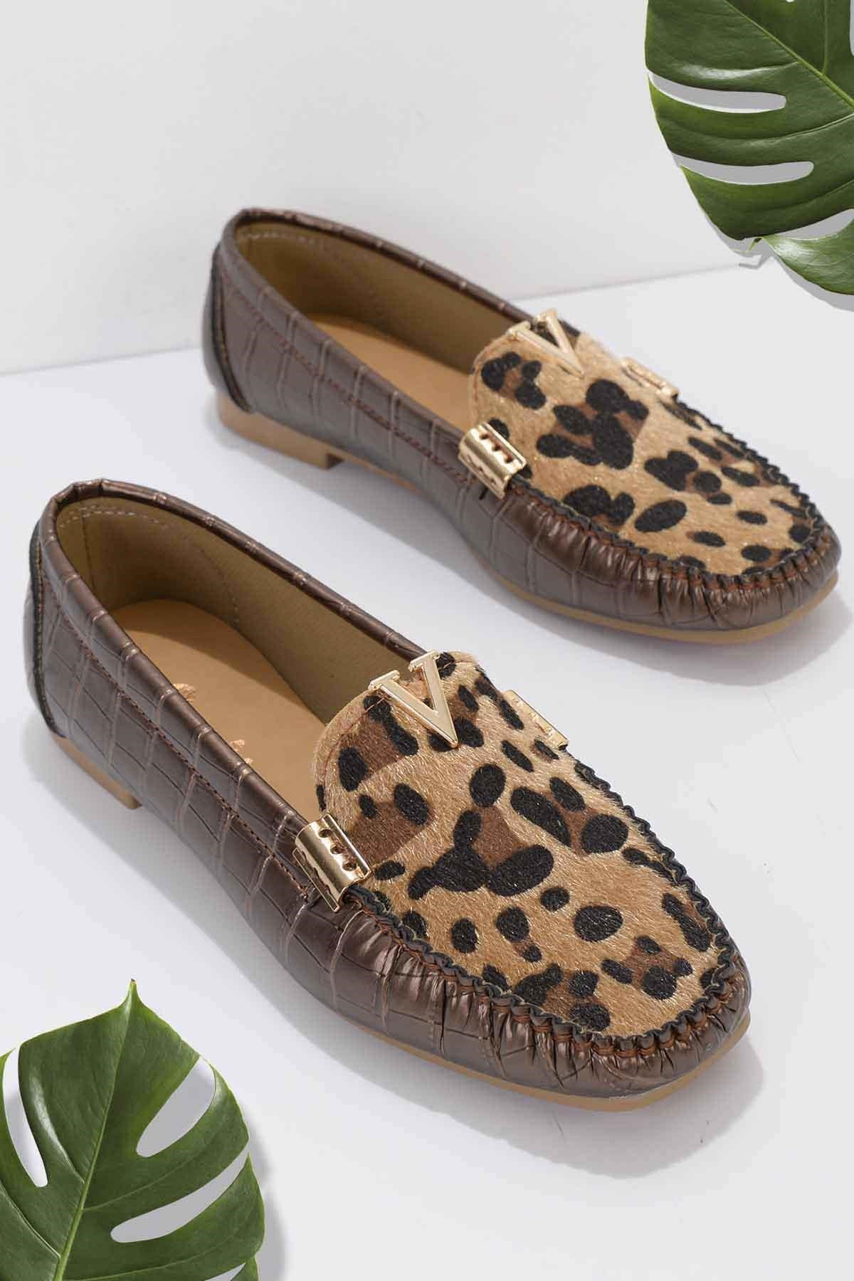 Bakır Leopar Kroko Kadın Loafer Ayakkabı K01542030411