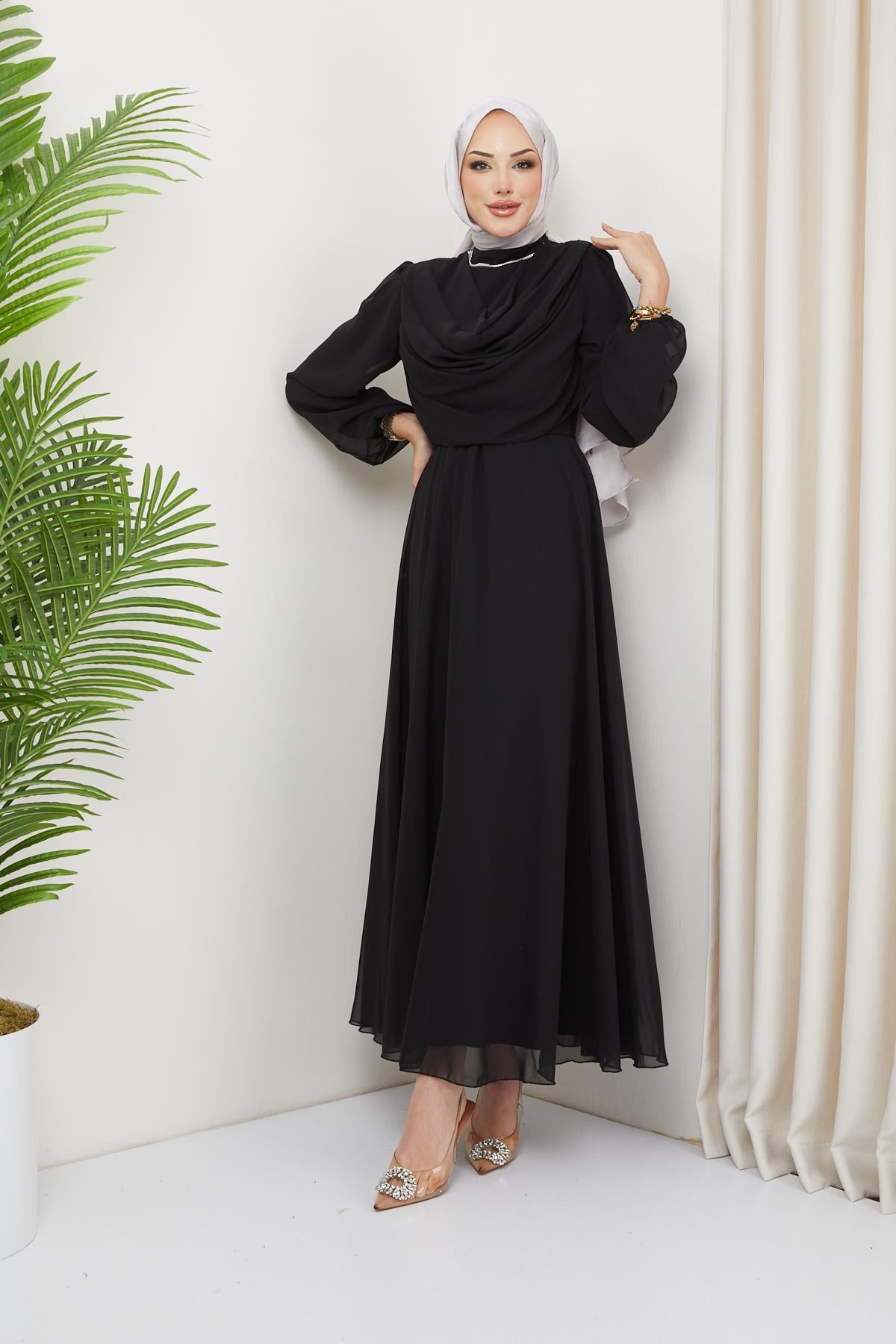 Hijab Ariyana Shawl Collar Evening Dress Black