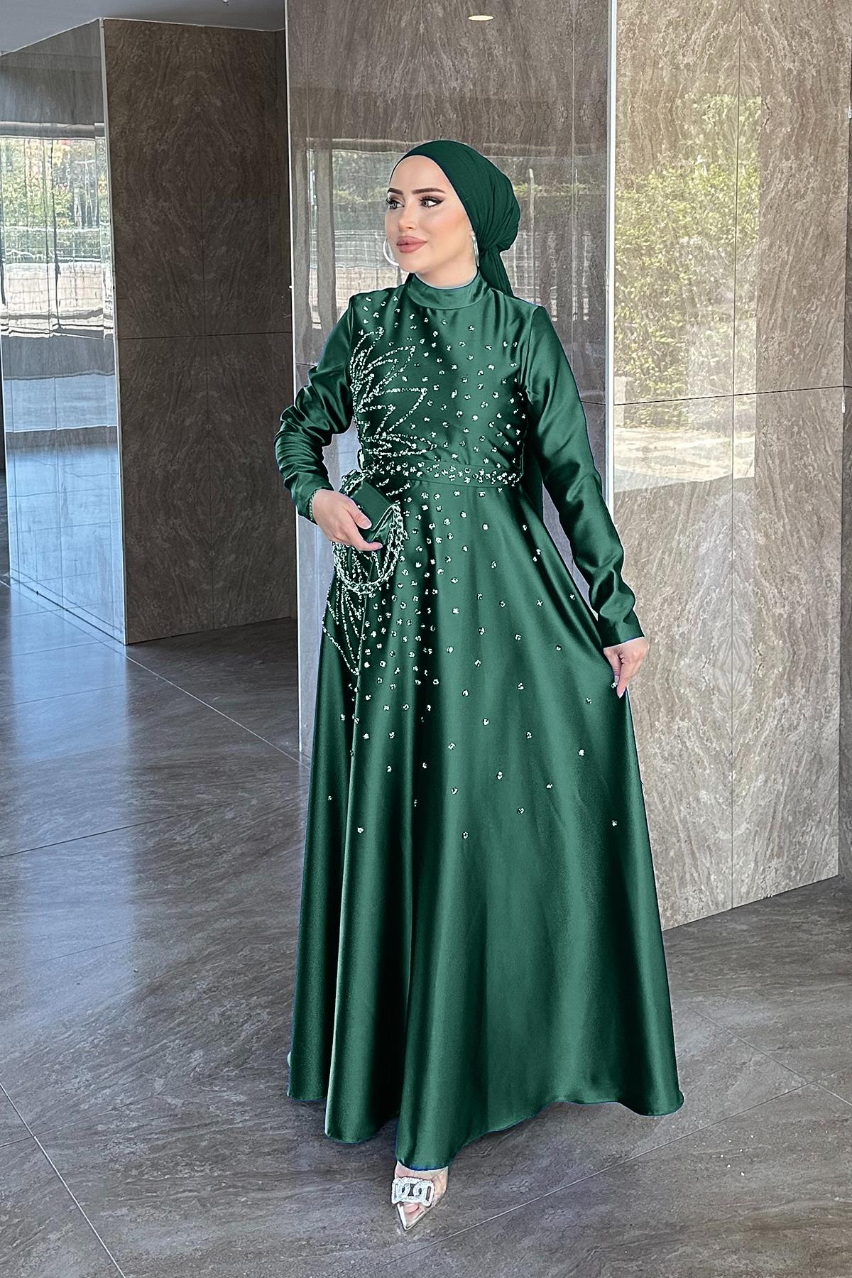 Tesettür Birce Saten Abiye Zümrüt Yeşili