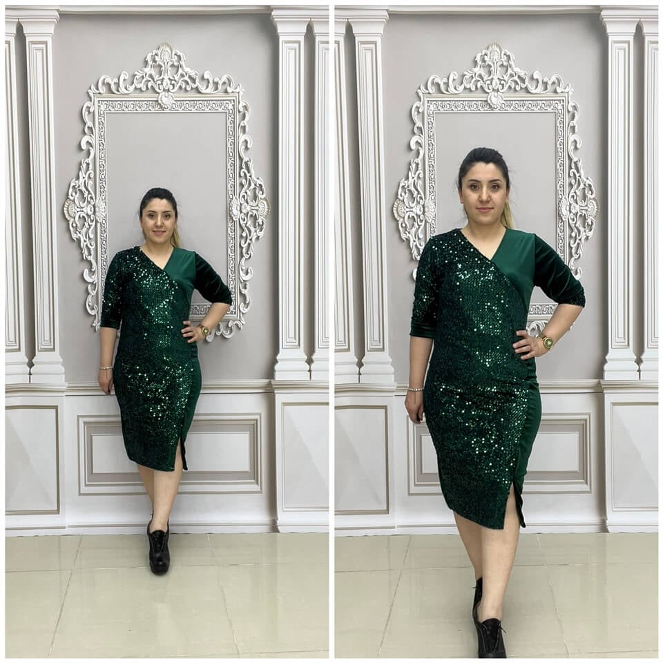 Pul Payetli Elbise - YEŞİL | Kokostrendi.com