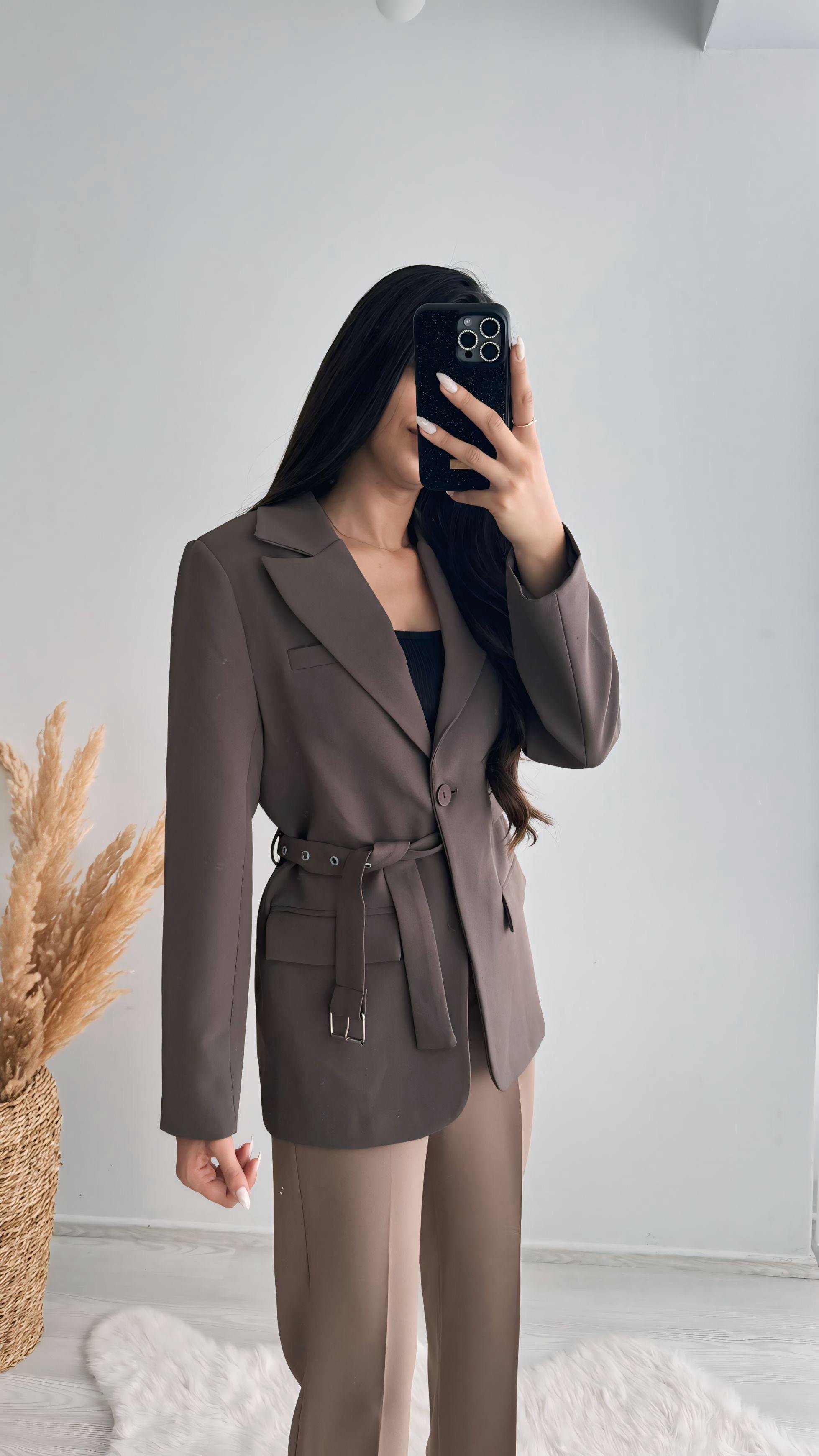 Premium Kalite Kemerli Astarlı Double Kalın Kumaş Blazer Ceket Kahve