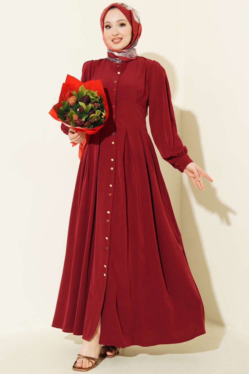 Full-Length Dress with Gold Buttons and Darts, Burgundy