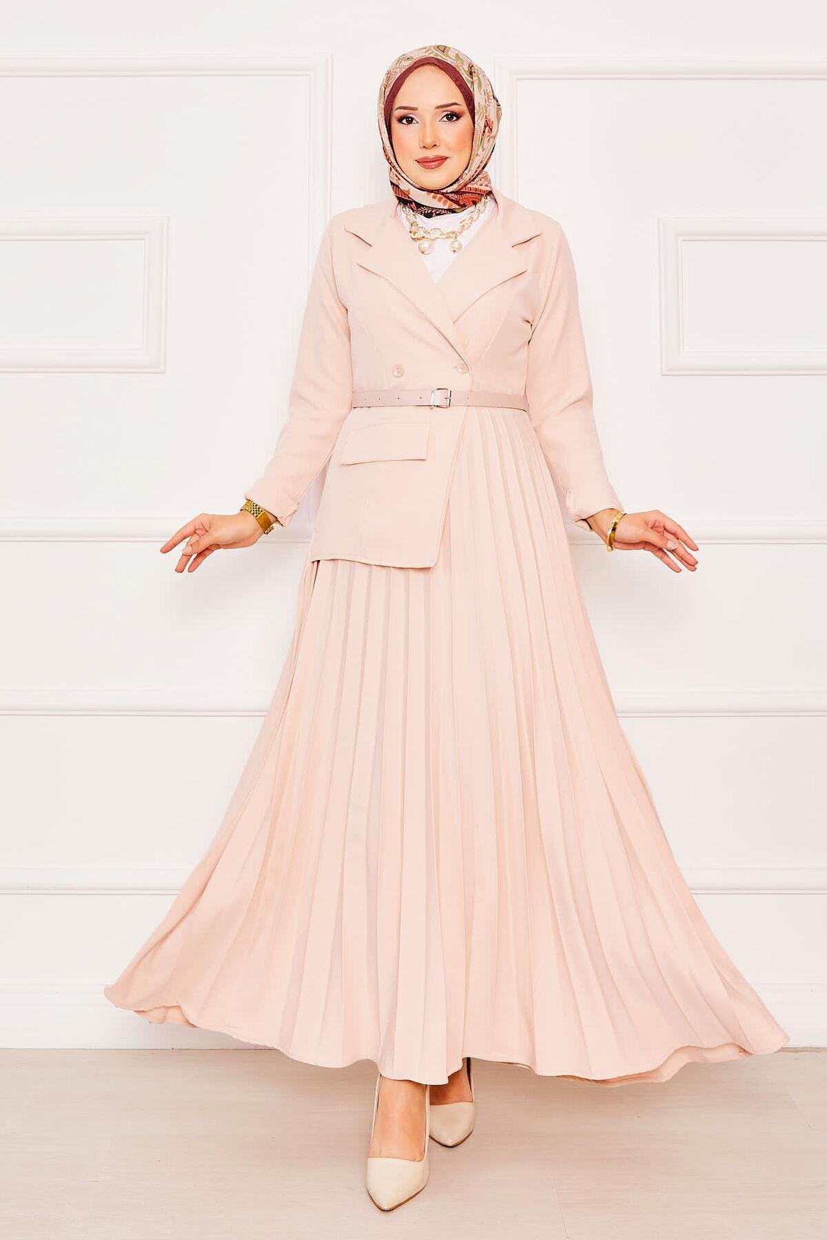 Pleated Hijab Dress with Jacket Detail Beige