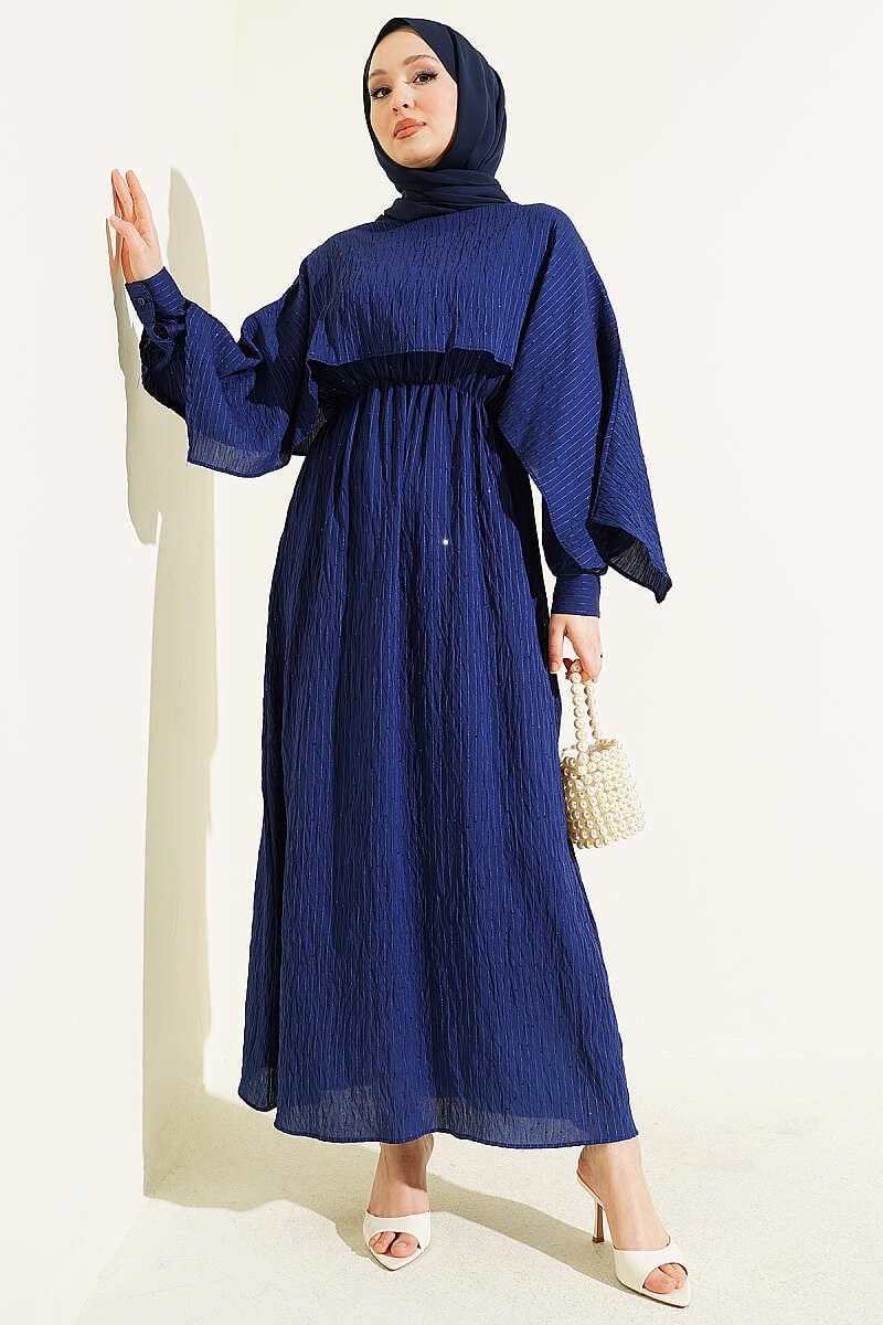 Navy Blue Cape Dress with Elastic Waistband and Striped Stitching