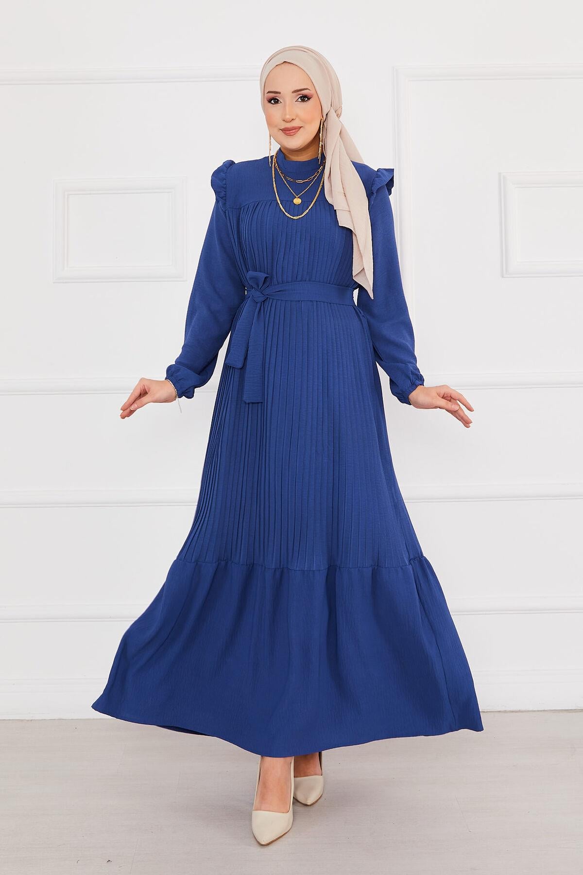 pleated modest dress Modest Beige Floral Pleated Dress 23502BEJ