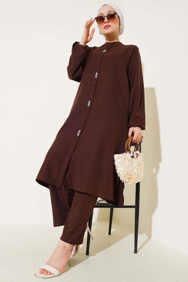 Long Tunic 2 Piece Set Brown with Stone Detail on the Front