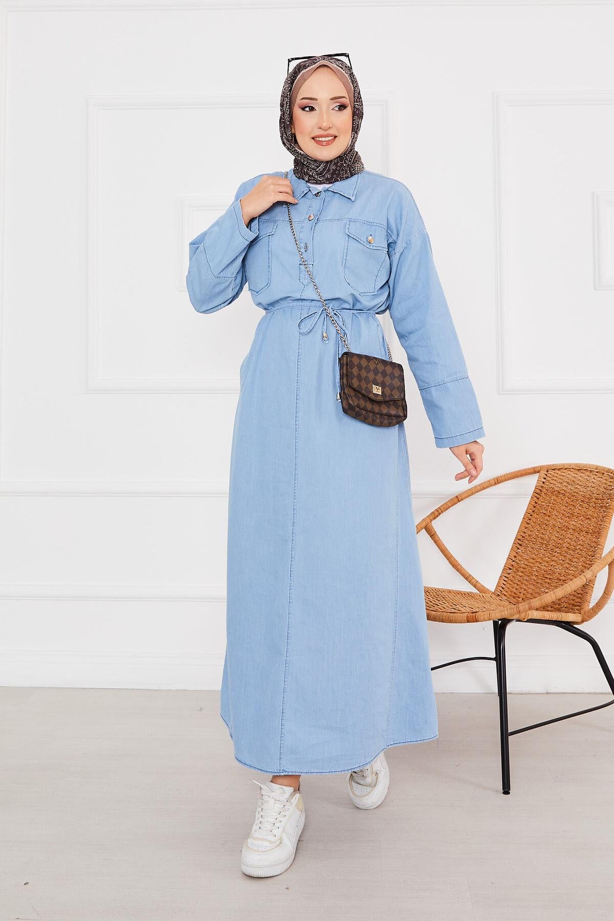 Half Button Pocket Hijab Denim Dress Light Blue