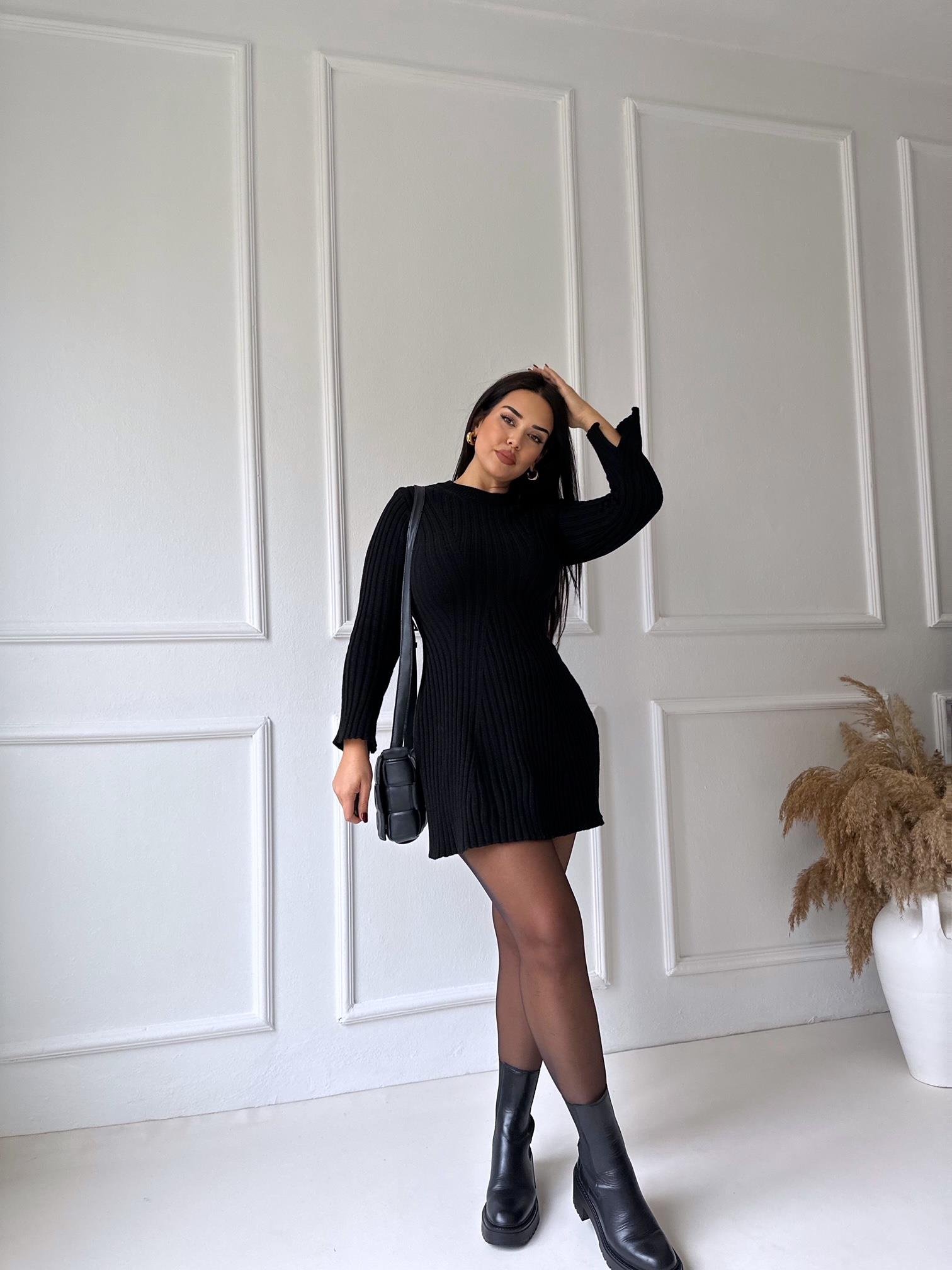 Siyah Çan Etek Triko Mini Elbise