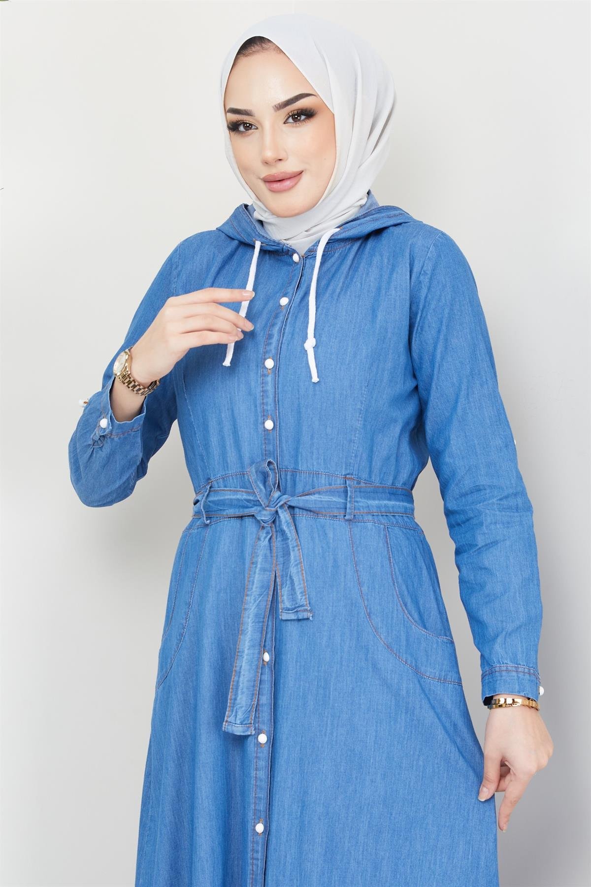 Boydan Düğmeli Kuşaklı Kot Elbise Açık Mavi