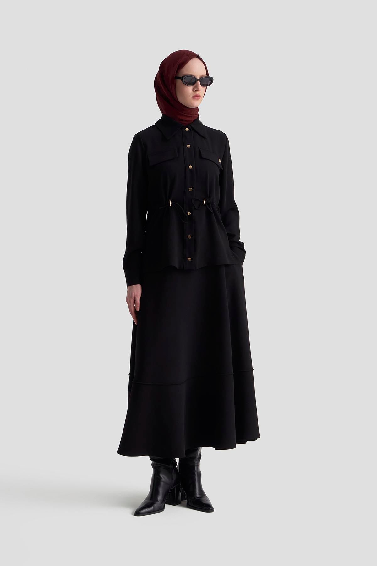 ARMİNE TREND Beli Büzgü Detaylı Çıt Çıtlı Crep Kumaş Etekli İkili