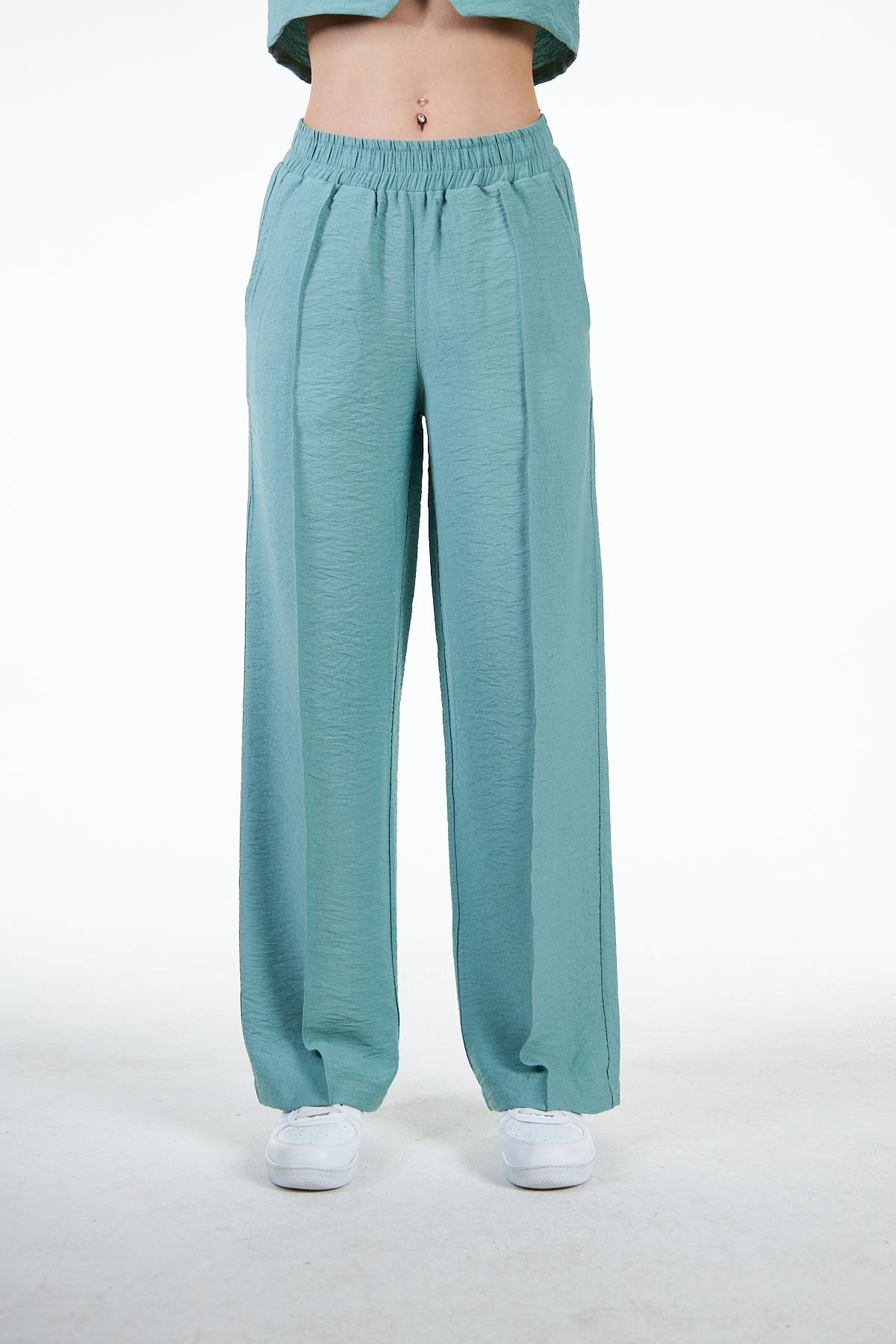 Yeşil Kadın Keten Görünümlü Nervür Detaylı Bol Kalıp Wide Leg Pantolon -  Nomte