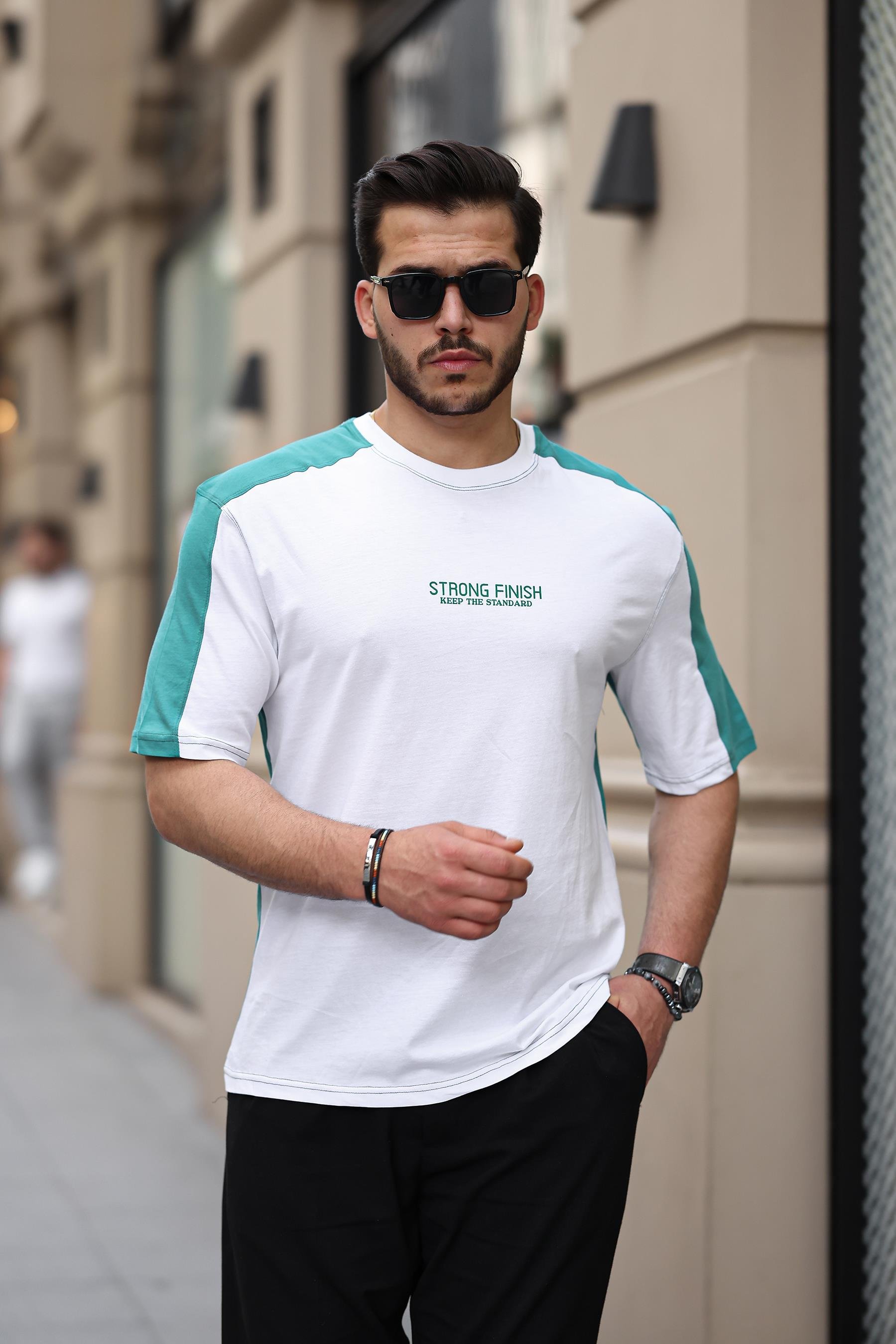 Miron Beyaz Yeşil Strong Finish Baskılı Oversize Kısa Kolu Tişört- 2411