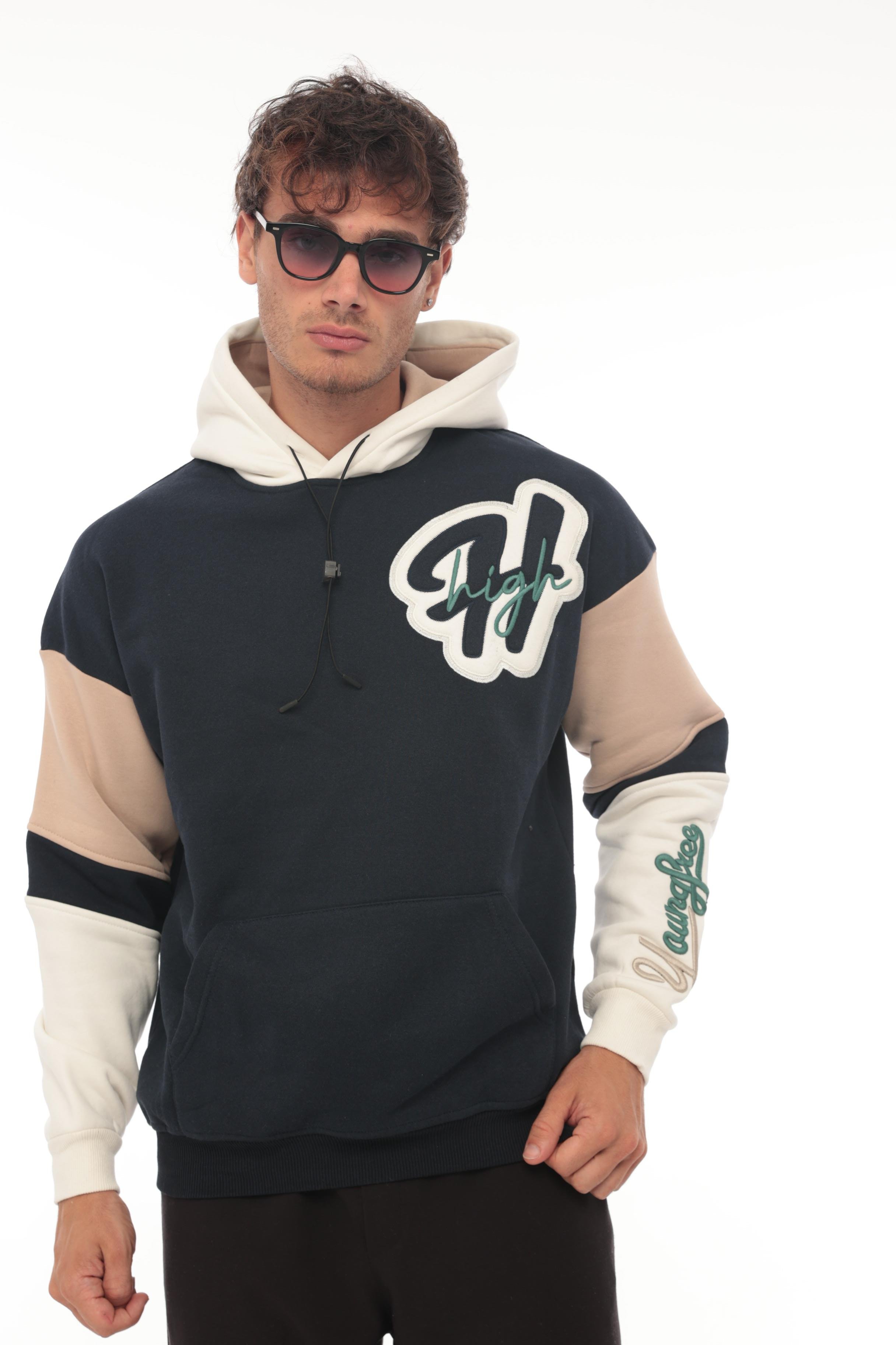 Miron High Nakışlı Oversize Sweatshirt - Lacivert Bej- 2315