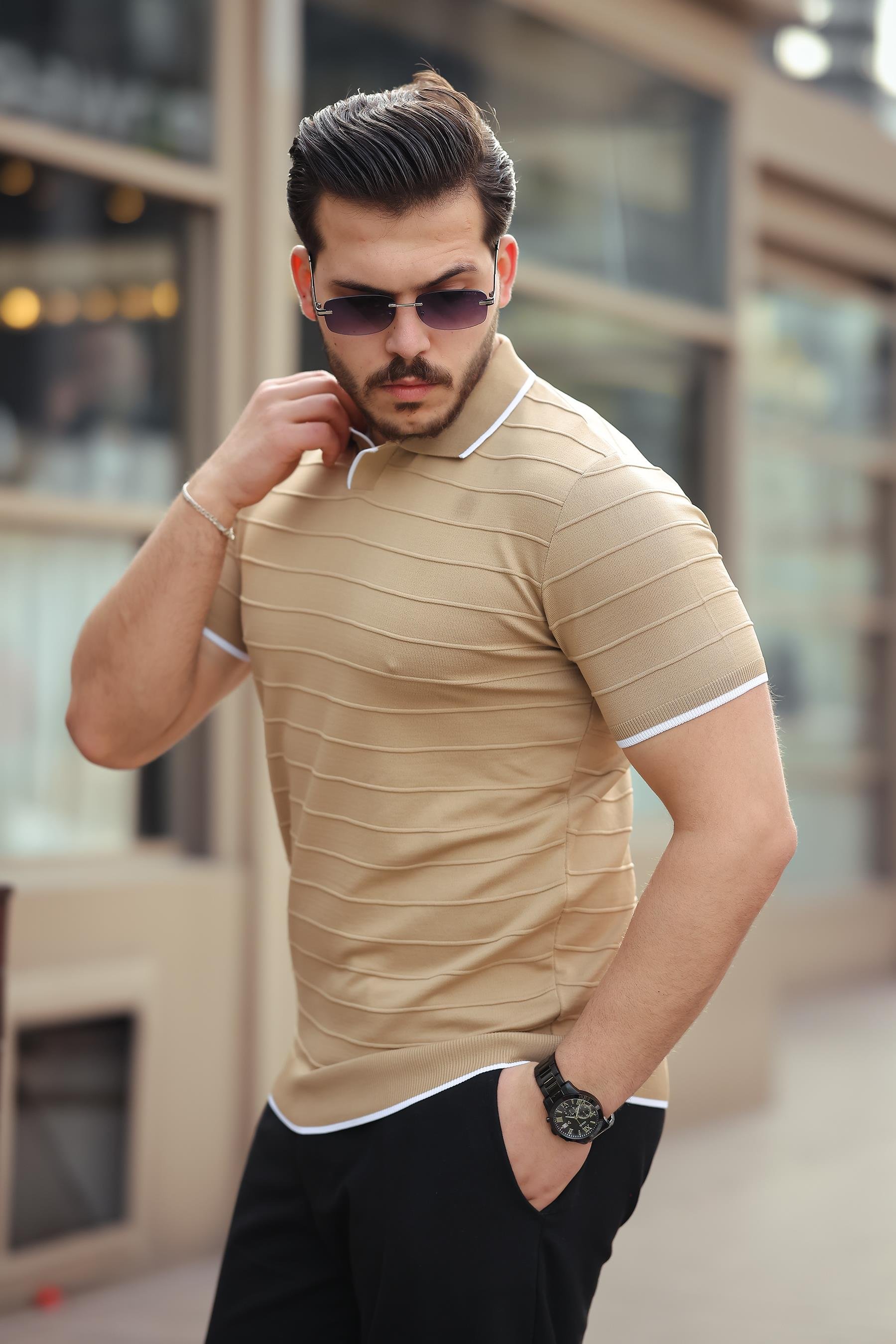 Miron Kamel Kabartma Çizgi Polo Yaka Triko Tişört- 2403