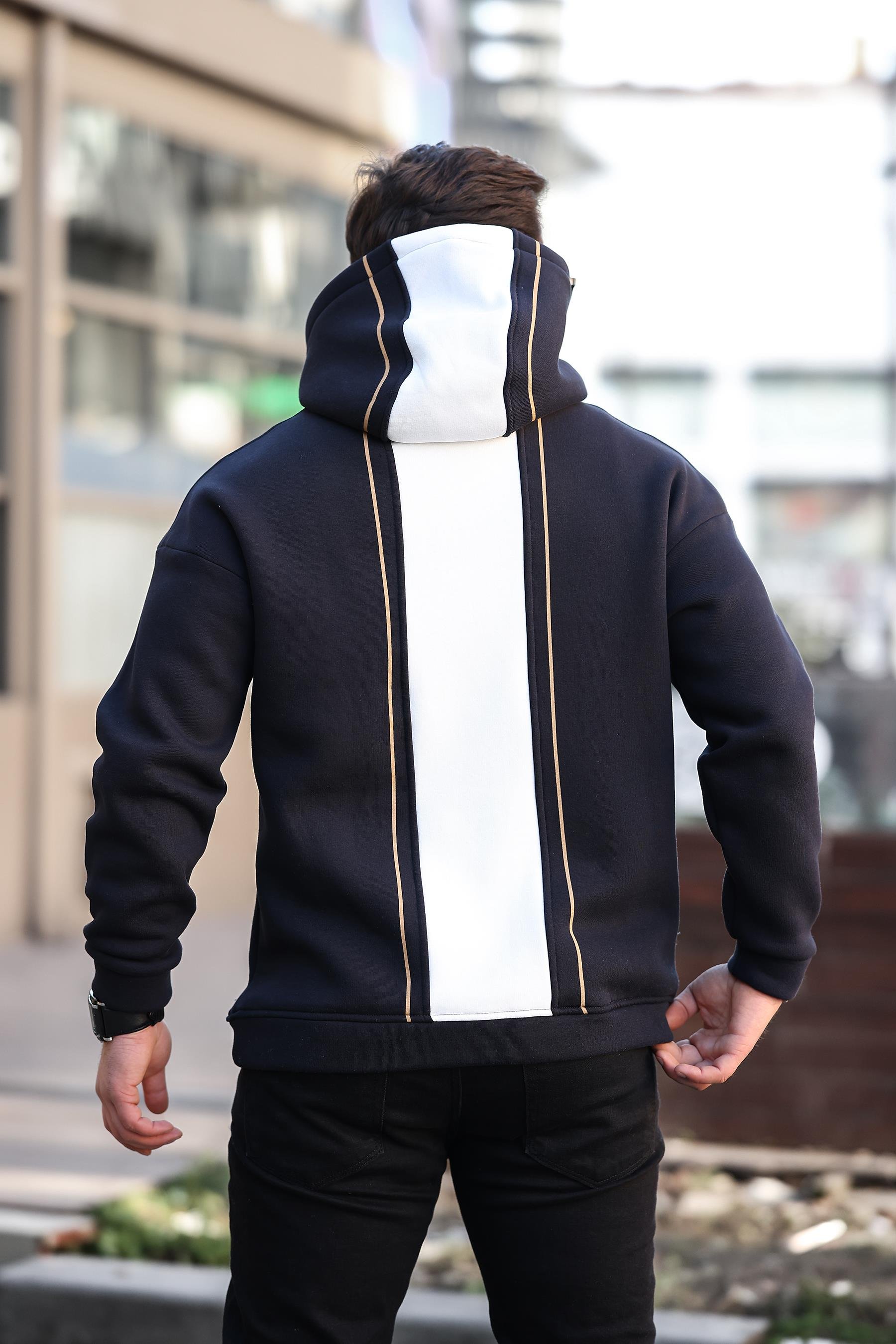 Miron Lacivert Sırt Şeritli Kapüşonlu Üç İplik Oversize Sweatshirt-2437 