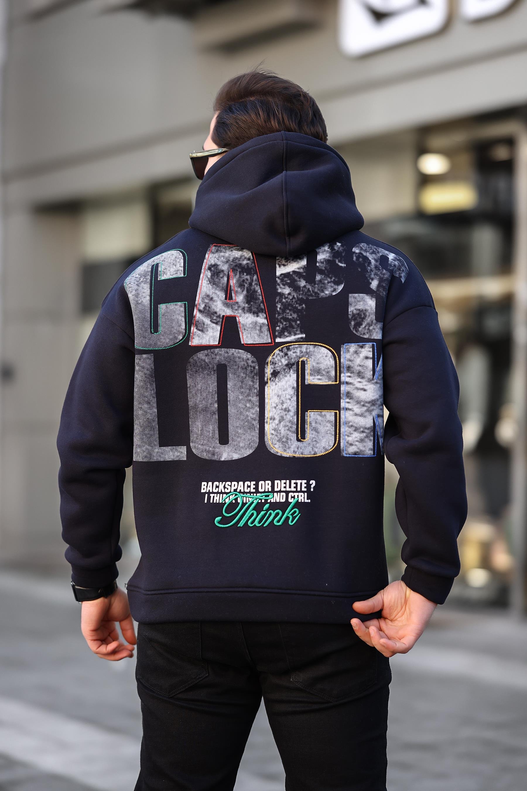 Miron Lacivert Sırtı Baskılı Kapüşonlu Üç İplik Oversize Sweatshirt- 2441