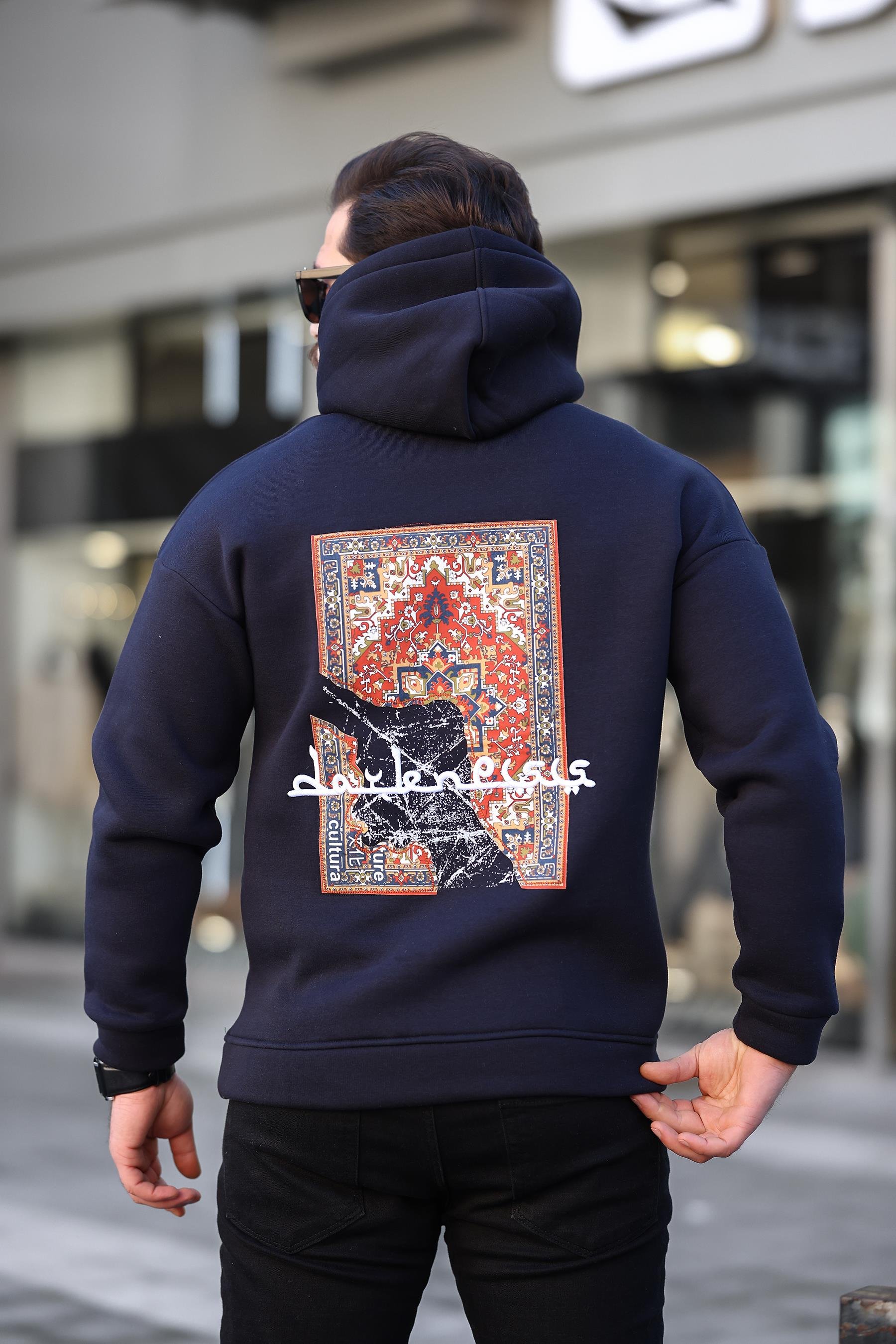 Miron Lacivert Sırtı Etnik Baskılı Kapüşonlu Üç İplik Oversize Sweatshirt-2438 