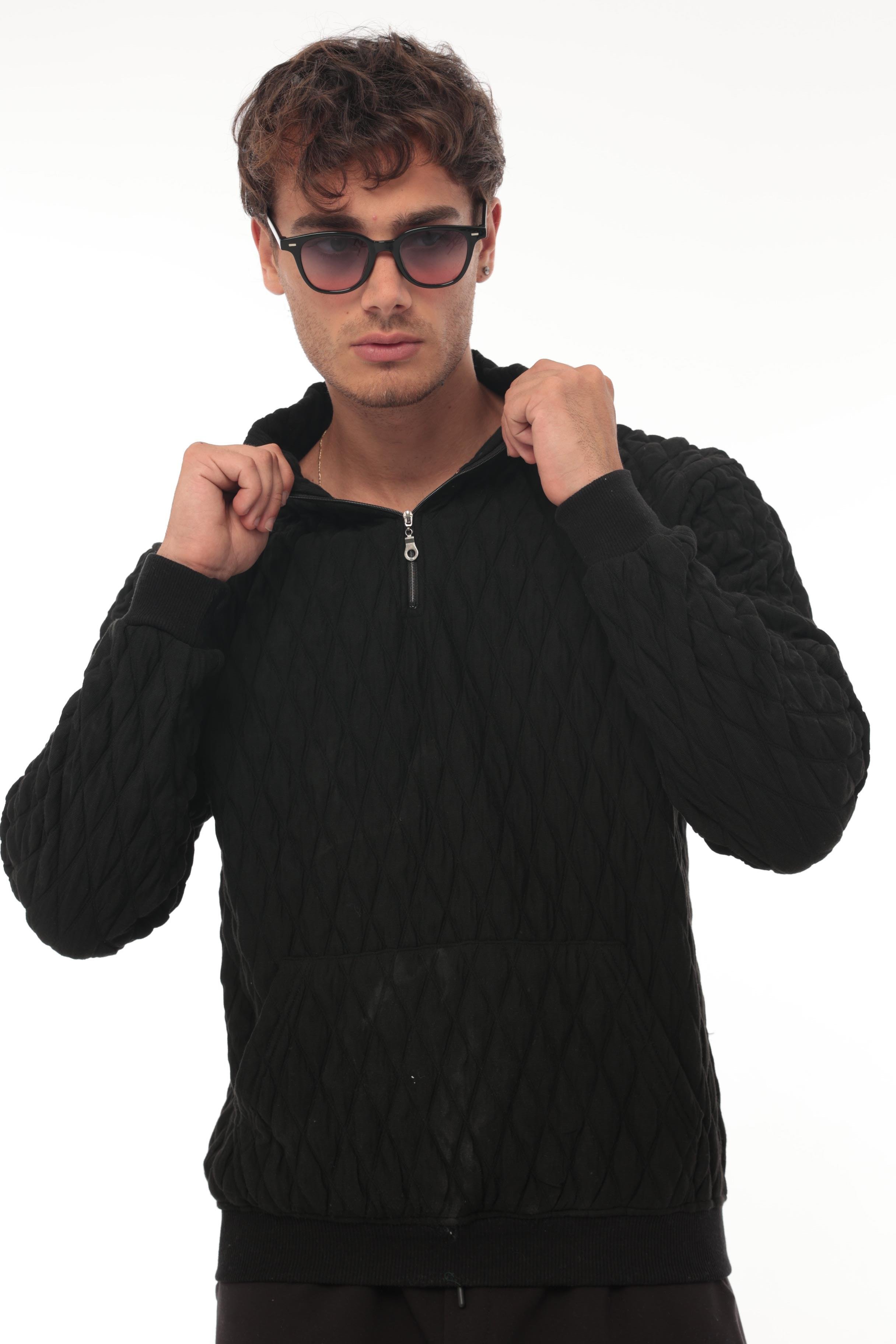 Miron Siyah Kapitone Detaylı Yarım Fermuarlı Regular Fit Sweatshirt- 2326