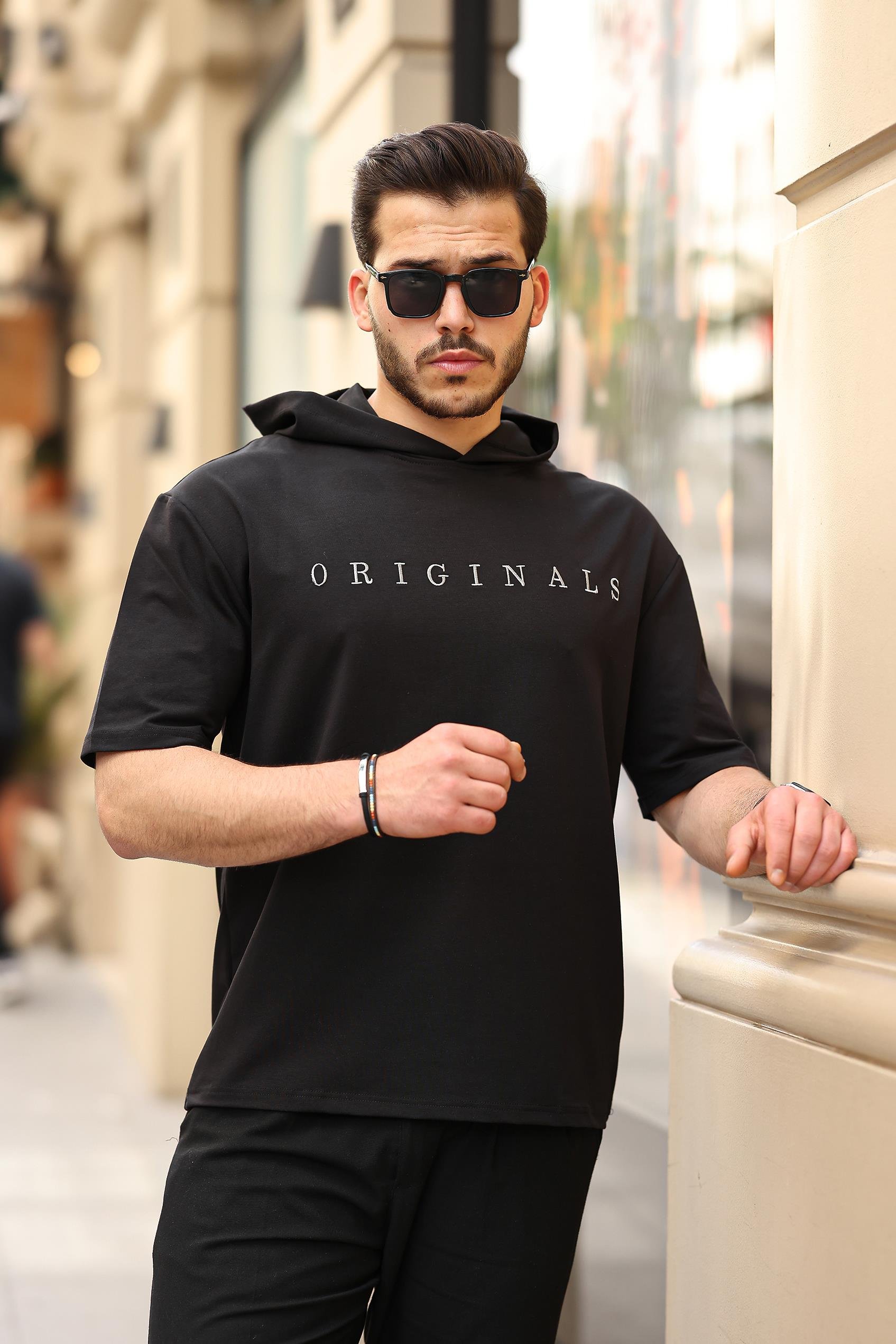 Miron Siyah Originals Nakışlı Kapşonlu İki İplik Kısa Kollu Tişört- 2404