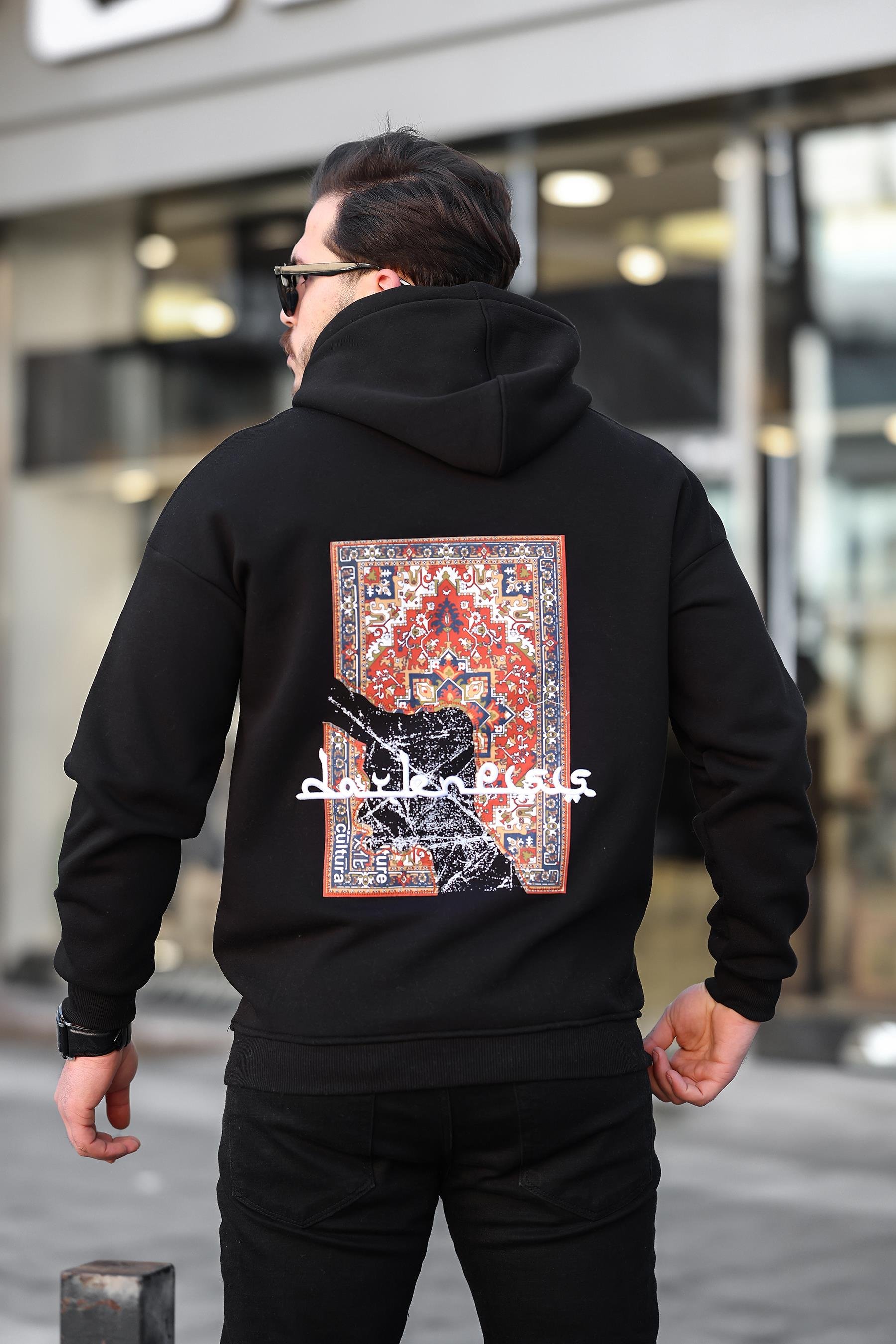 Miron Siyah Sırtı Etnik Baskılı Kapüşonlu  Üç İplik Oversize Sweatshirt-2438 