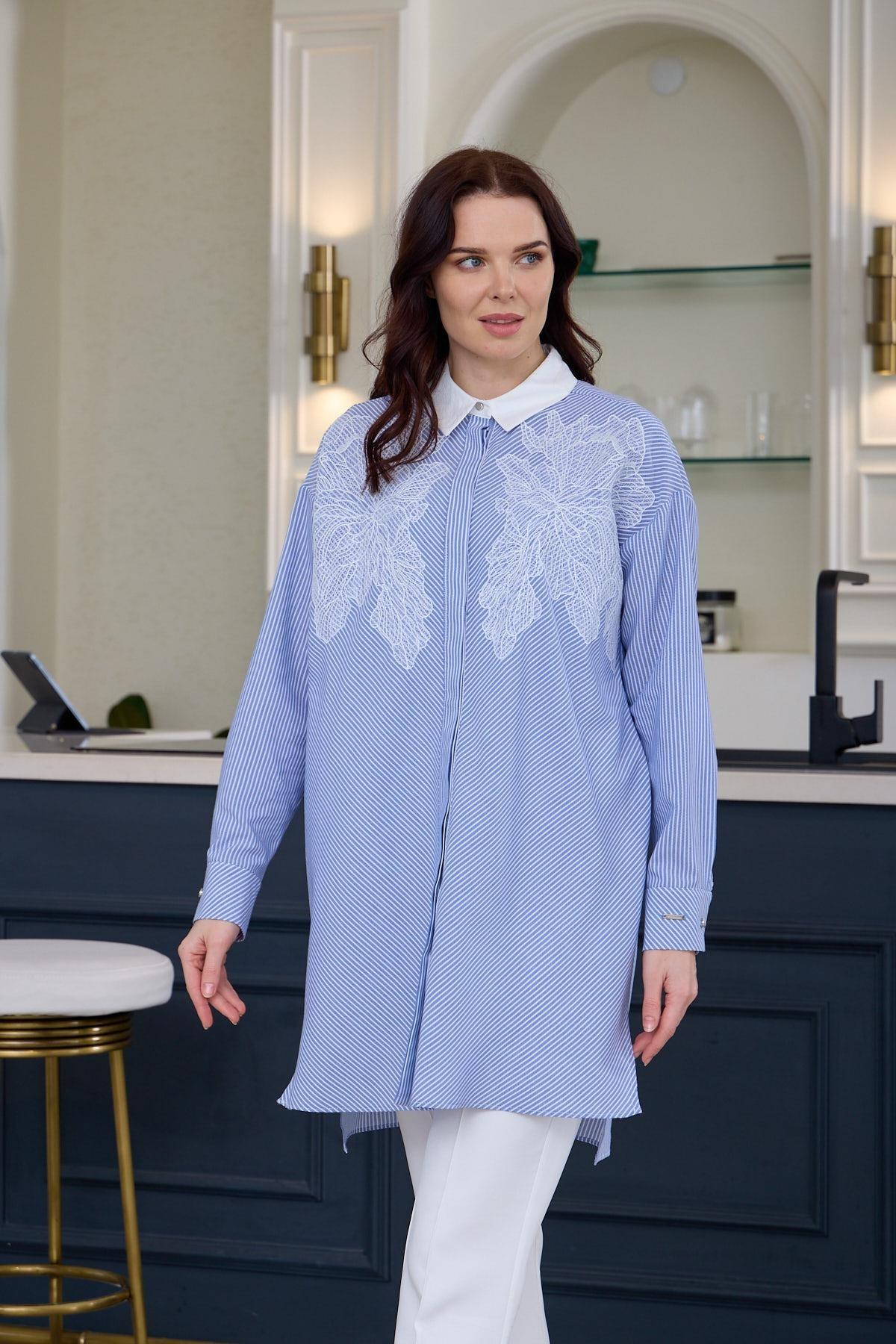 MOODBASIC DANTEL DETAYLI ÇİZGİLİ GÖMLEK - MAVİ