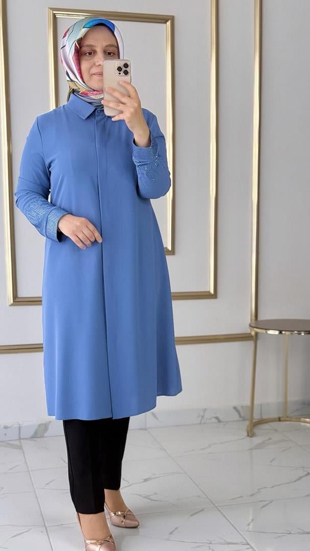 Kolları Taş Detaylı Mavi Tunik FRY