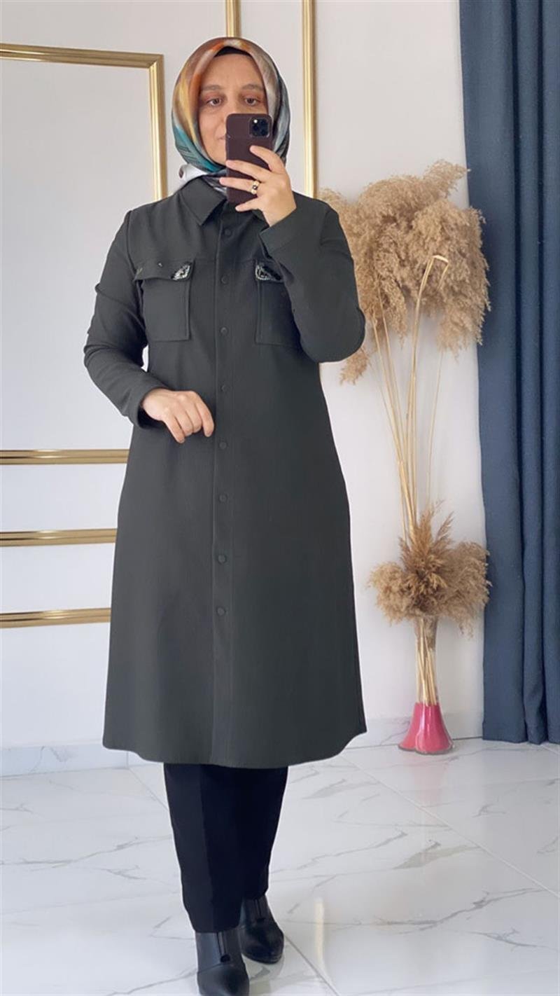 Wonna Cebi Taşlı Kadife Haki Tunik