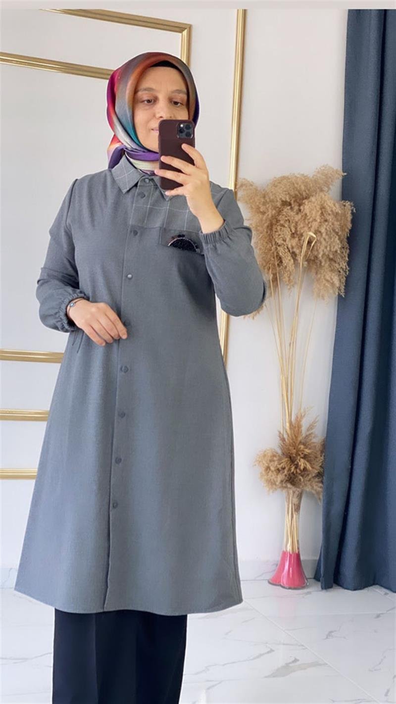 Wonna Ekose Detaylı Gri Tunik FRY