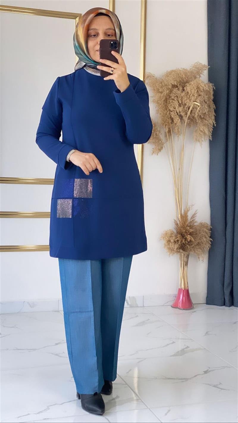 Wonna Krep Taşlı Mavi Tunik FRY2784